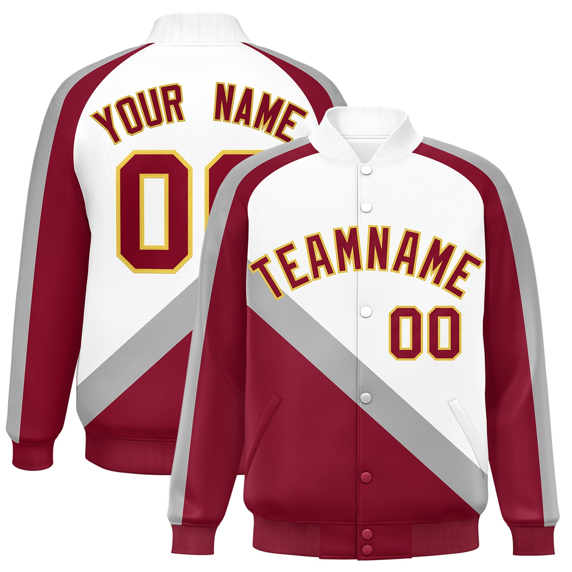 Custom White Crimson Raglan Sleeves Varsity Full-Snap Letterman Baseball Jacket