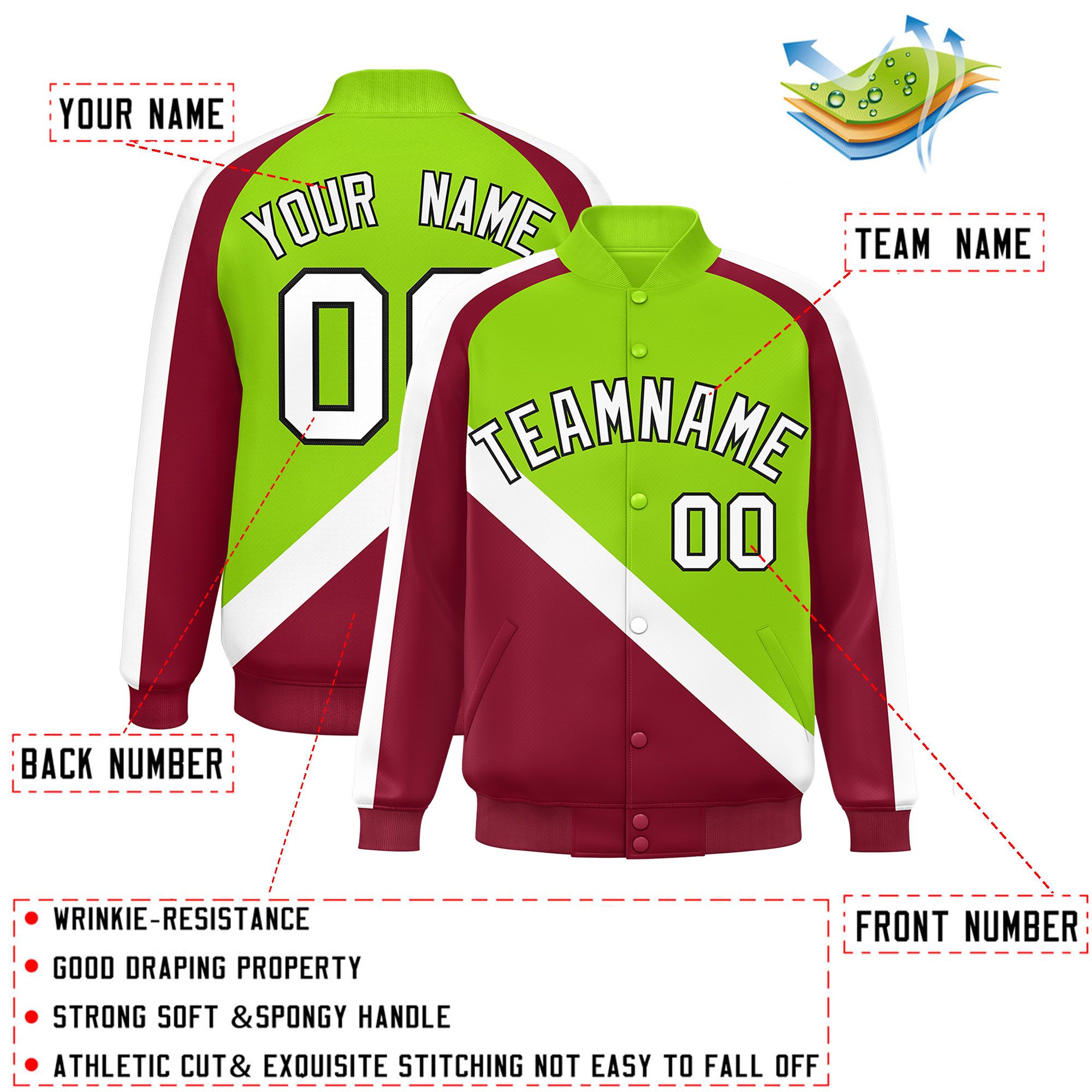 Custom Neon Green Crimson Raglan Sleeves Varsity Full-Snap Letterman Baseball Jacket