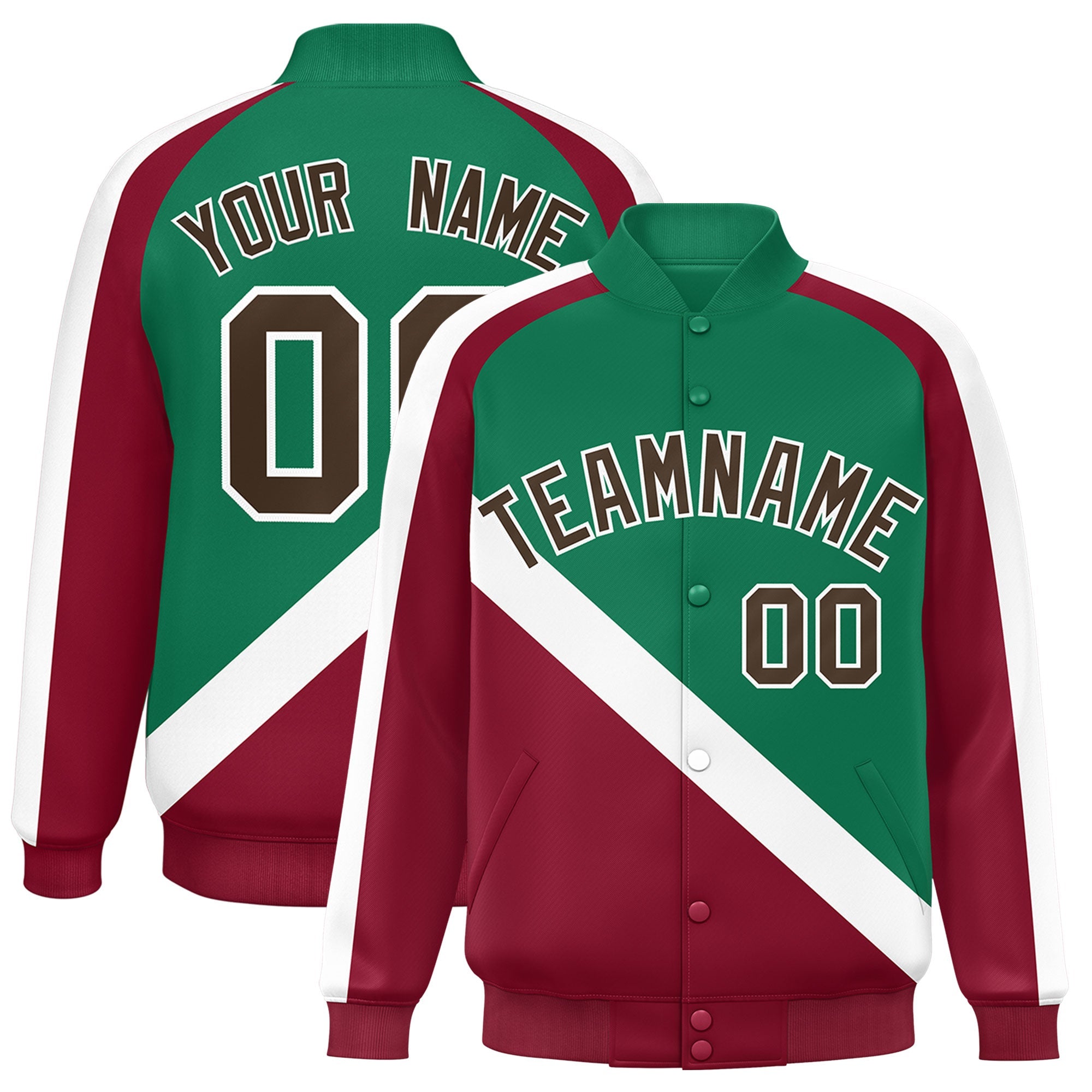 Custom Kelly Green Crimson Raglan Sleeves Varsity Full-Snap Letterman Baseball Jacket