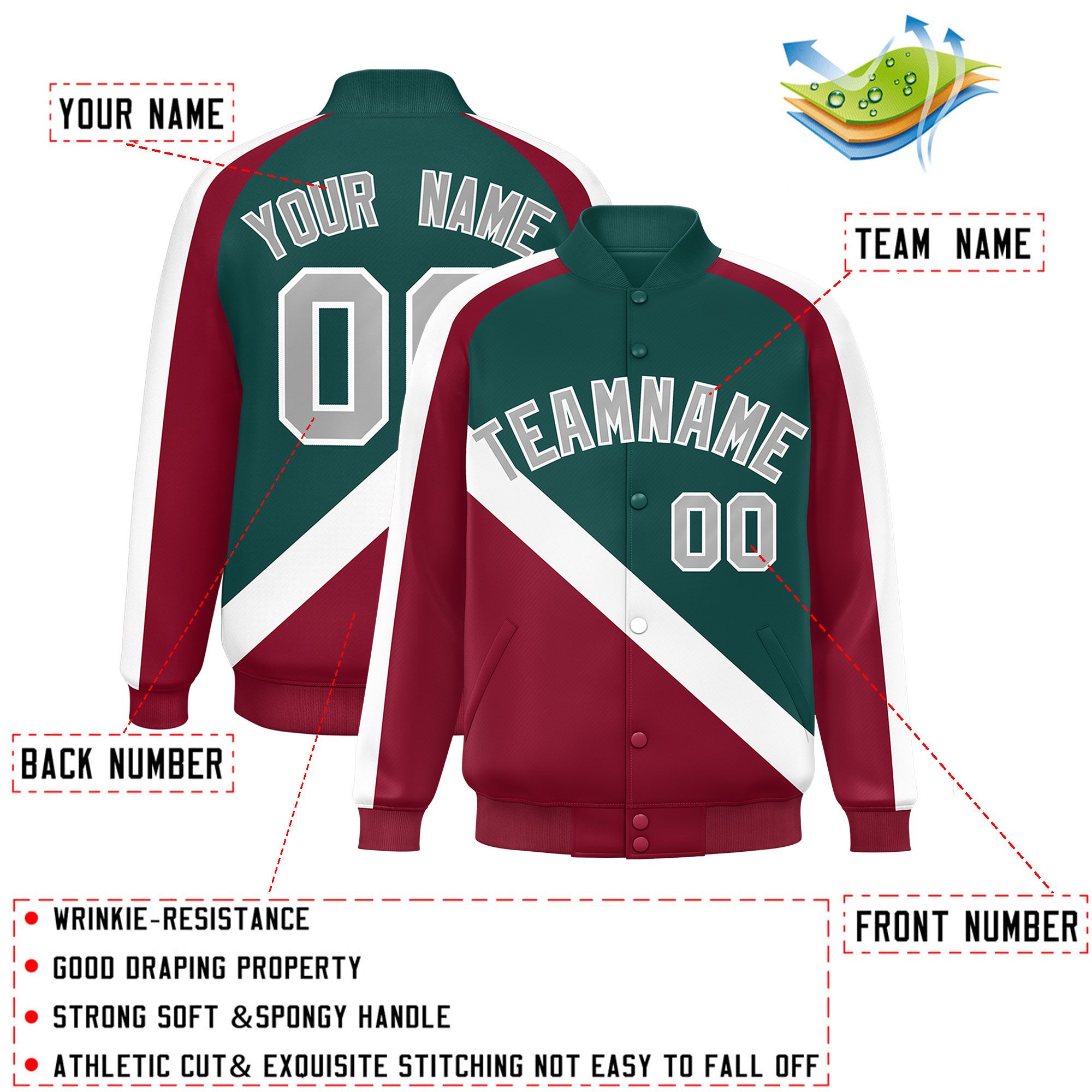 Custom Midnight Green Crimson Raglan Sleeves Varsity Full-Snap Letterman Baseball Jacket