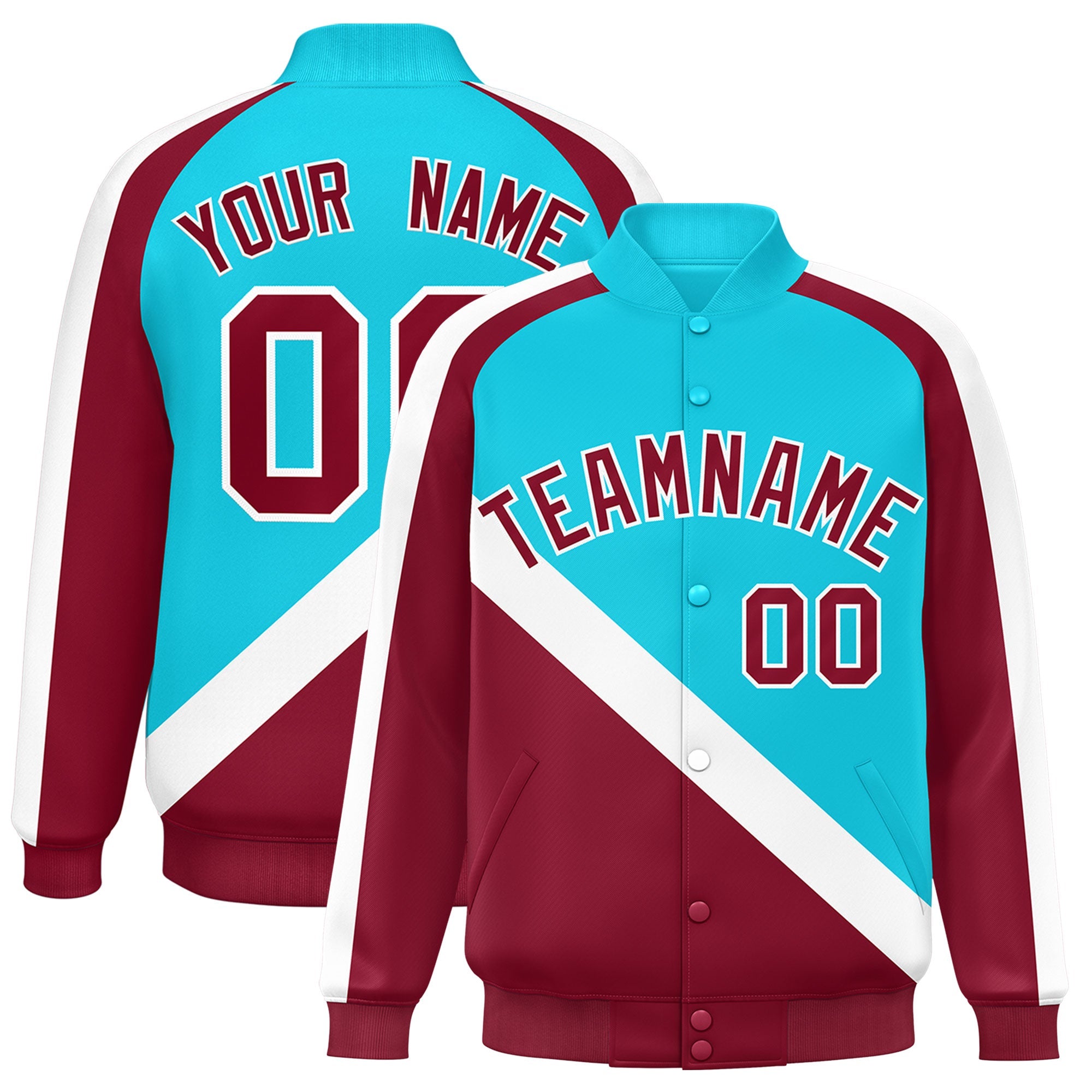 Custom Sky Blue Crimson Raglan Sleeves Varsity Full-Snap Letterman Baseball Jacket