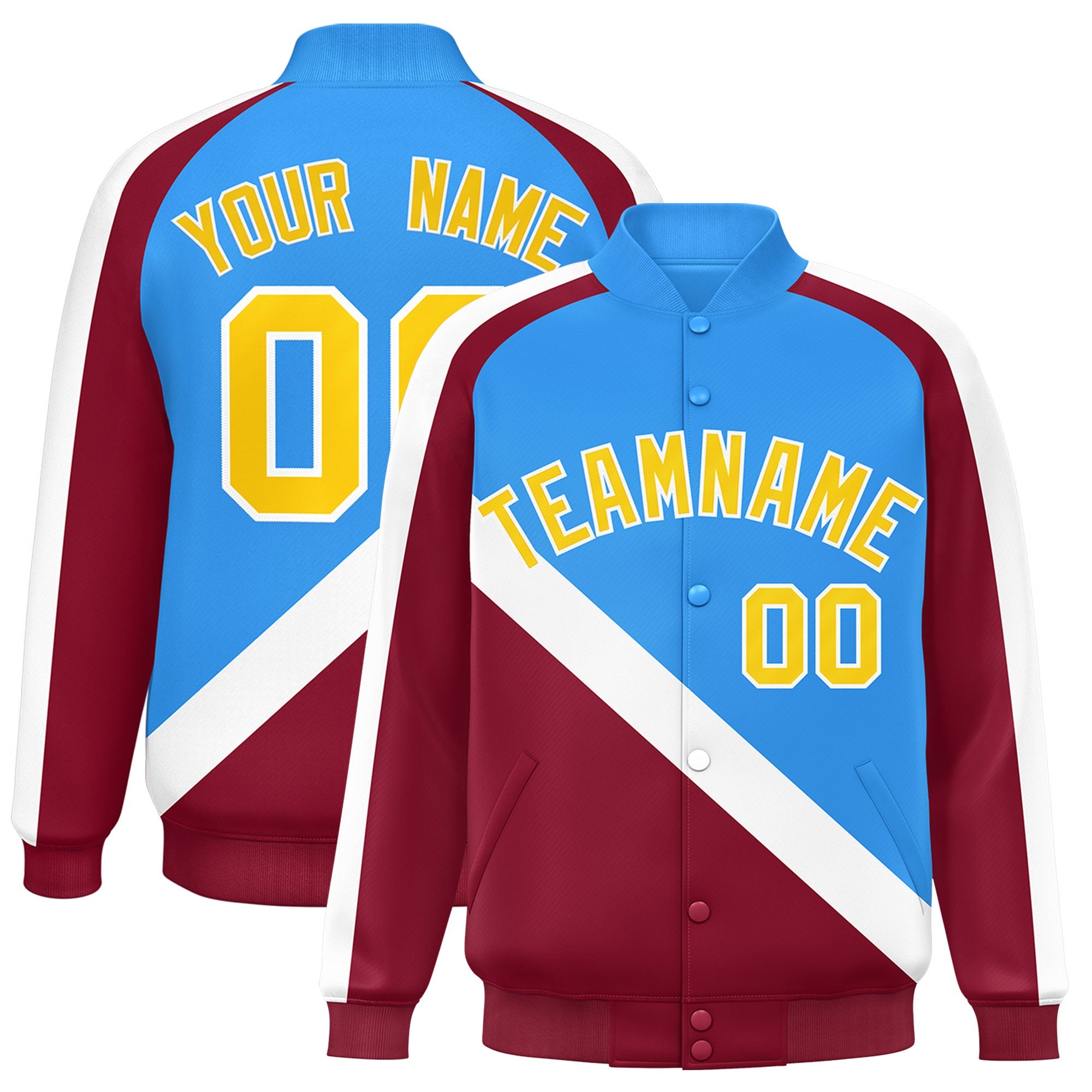 Custom Powder Blue Crimson Raglan Sleeves Varsity Full-Snap Letterman Baseball Jacket