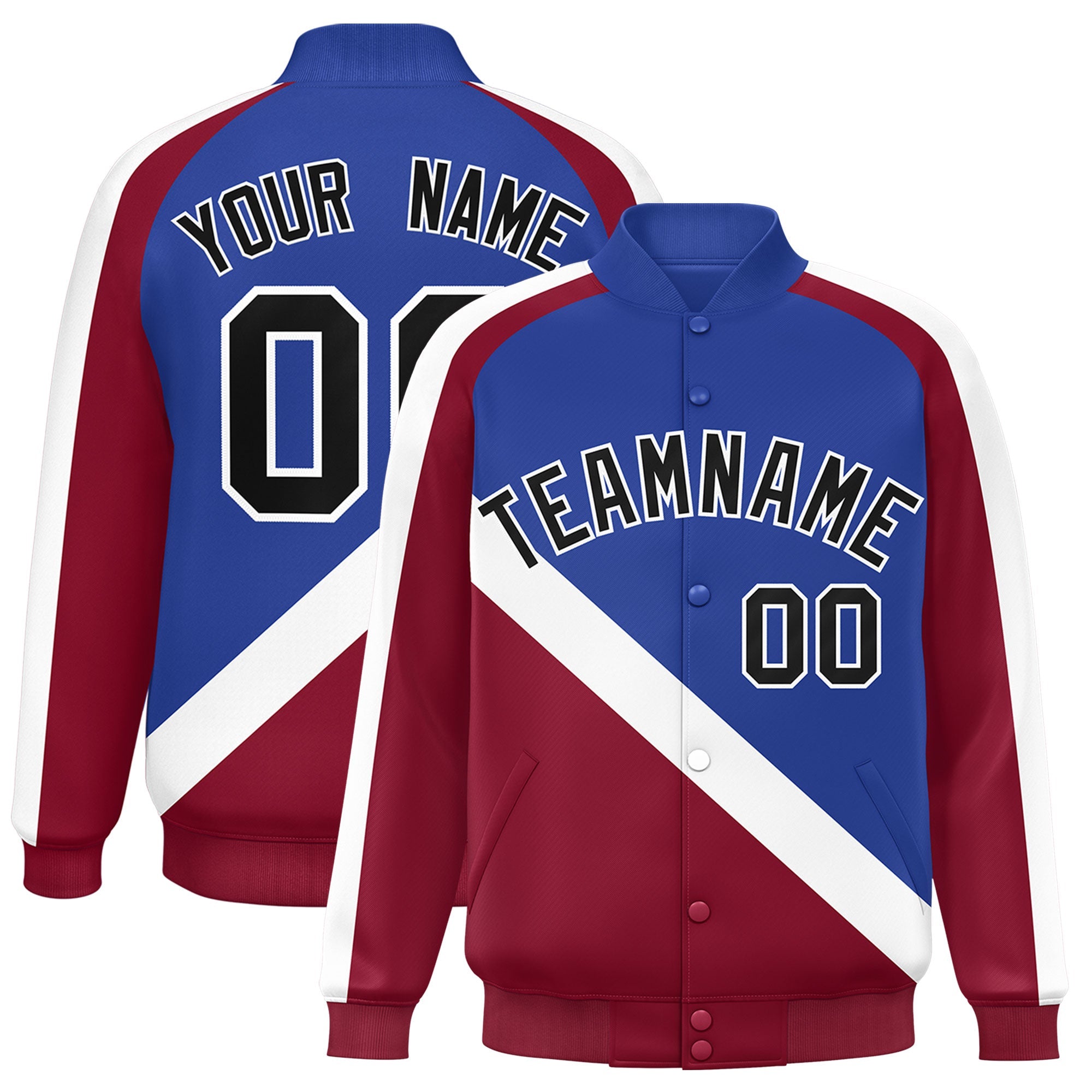 Custom Royal Crimson Raglan Sleeves Varsity Full-Snap Letterman Baseball Jacket