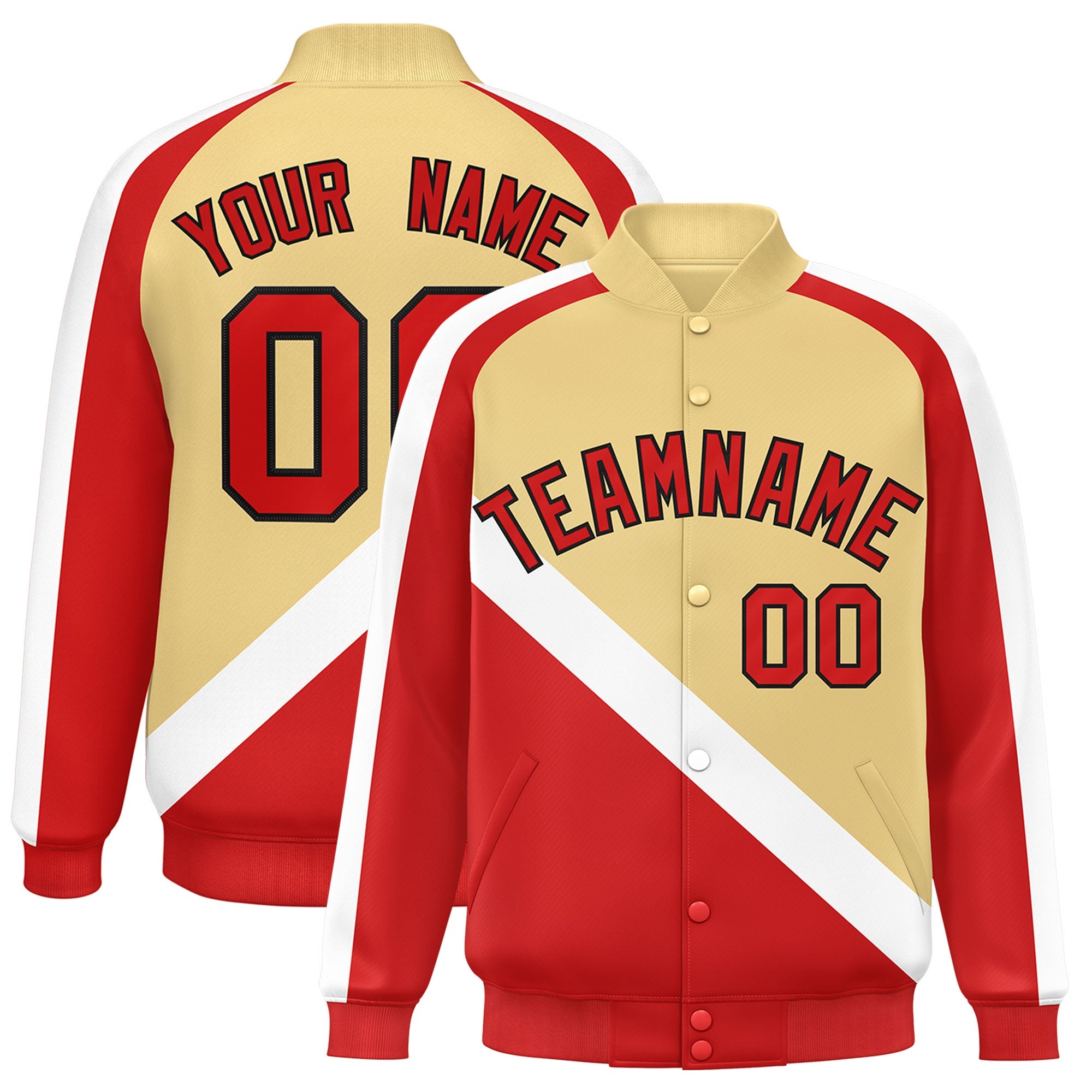 Custom Khaki Red Raglan Sleeves Varsity Full-Snap Letterman Baseball Jacket