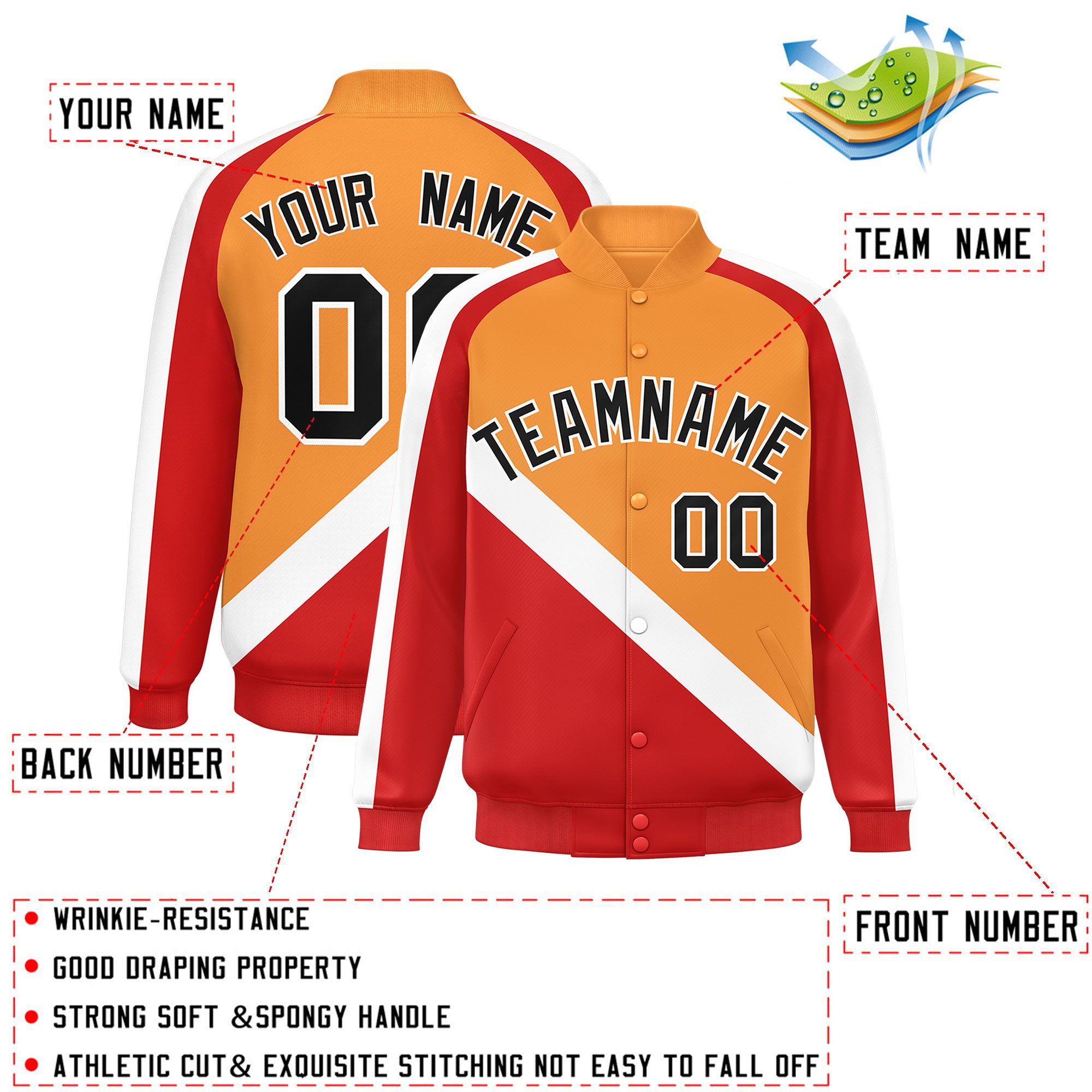 Custom Orange Red Raglan Sleeves Varsity Full-Snap Letterman Baseball Jacket