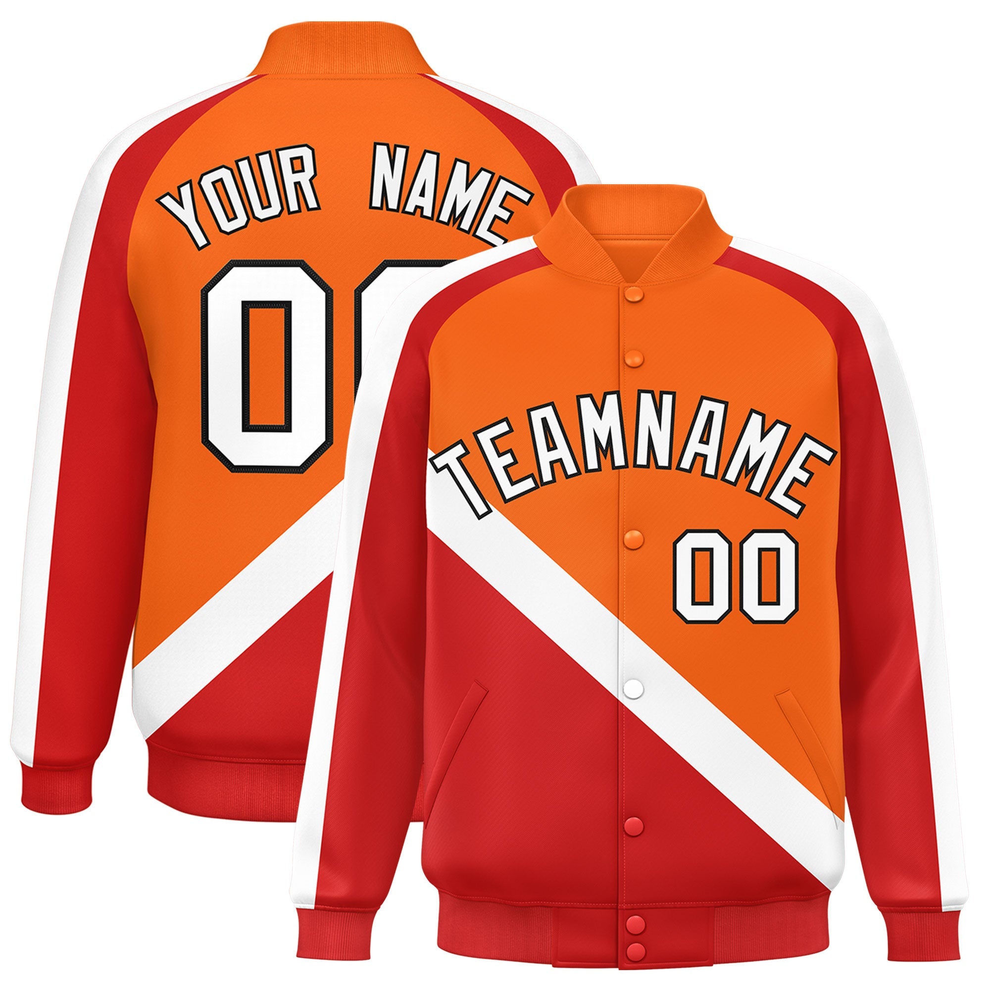 Custom Orange Red Raglan Sleeves Varsity Full-Snap Letterman Baseball Jacket