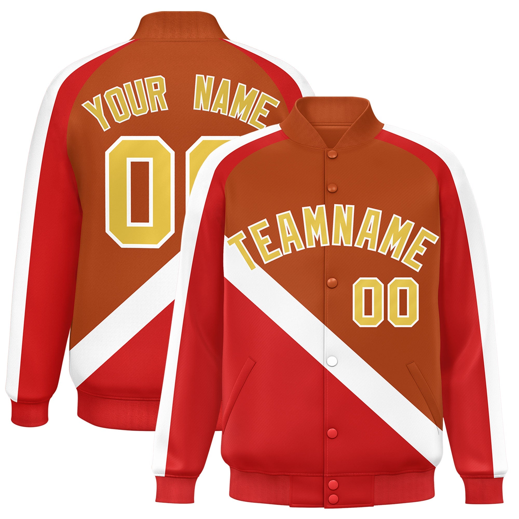 Custom Texas Orange Red Raglan Sleeves Varsity Full-Snap Letterman Baseball Jacket