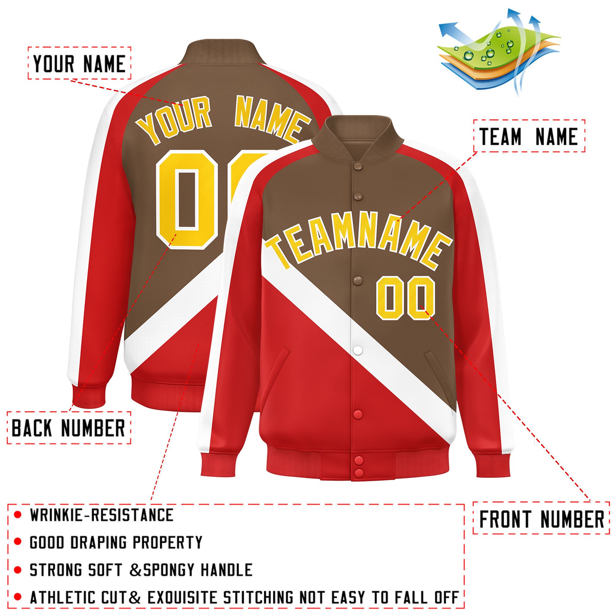 Custom Light Brown Red Raglan Sleeves Varsity Full-Snap Letterman Baseball Jacket