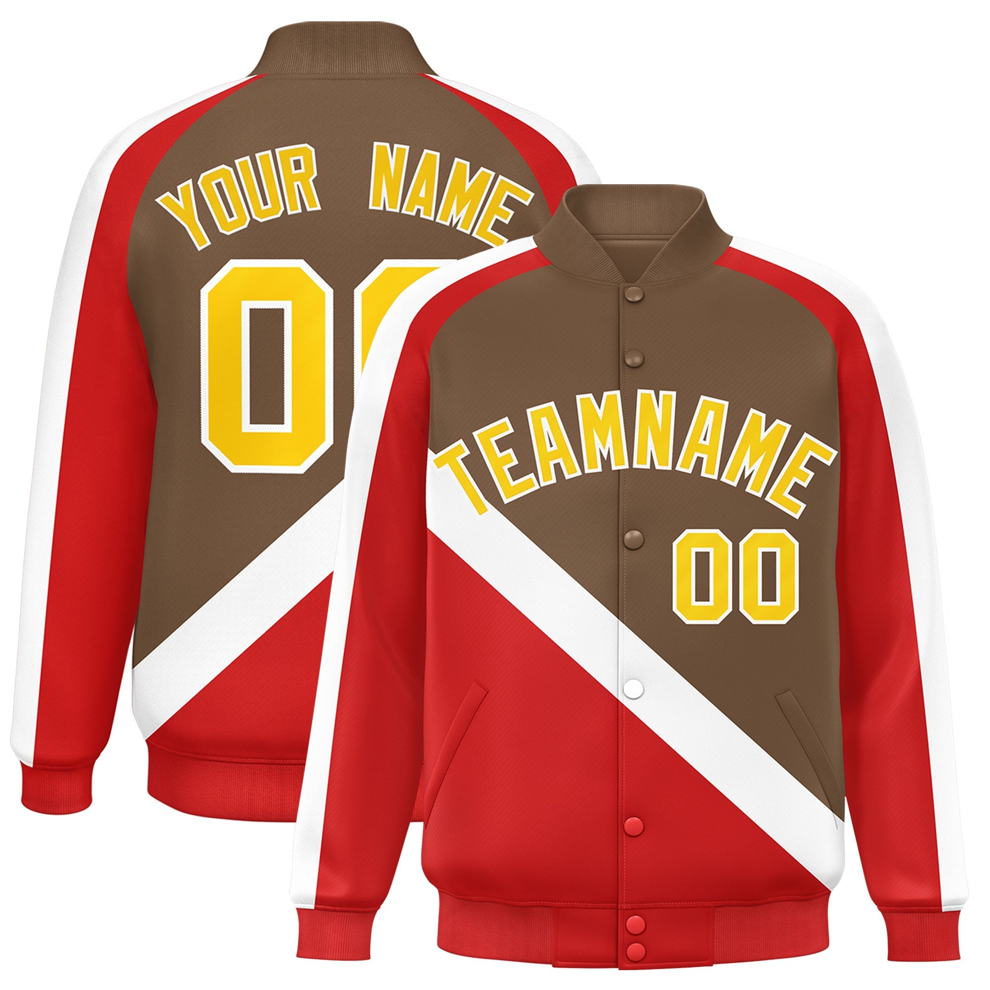 Custom Light Brown Red Raglan Sleeves Varsity Full-Snap Letterman Baseball Jacket