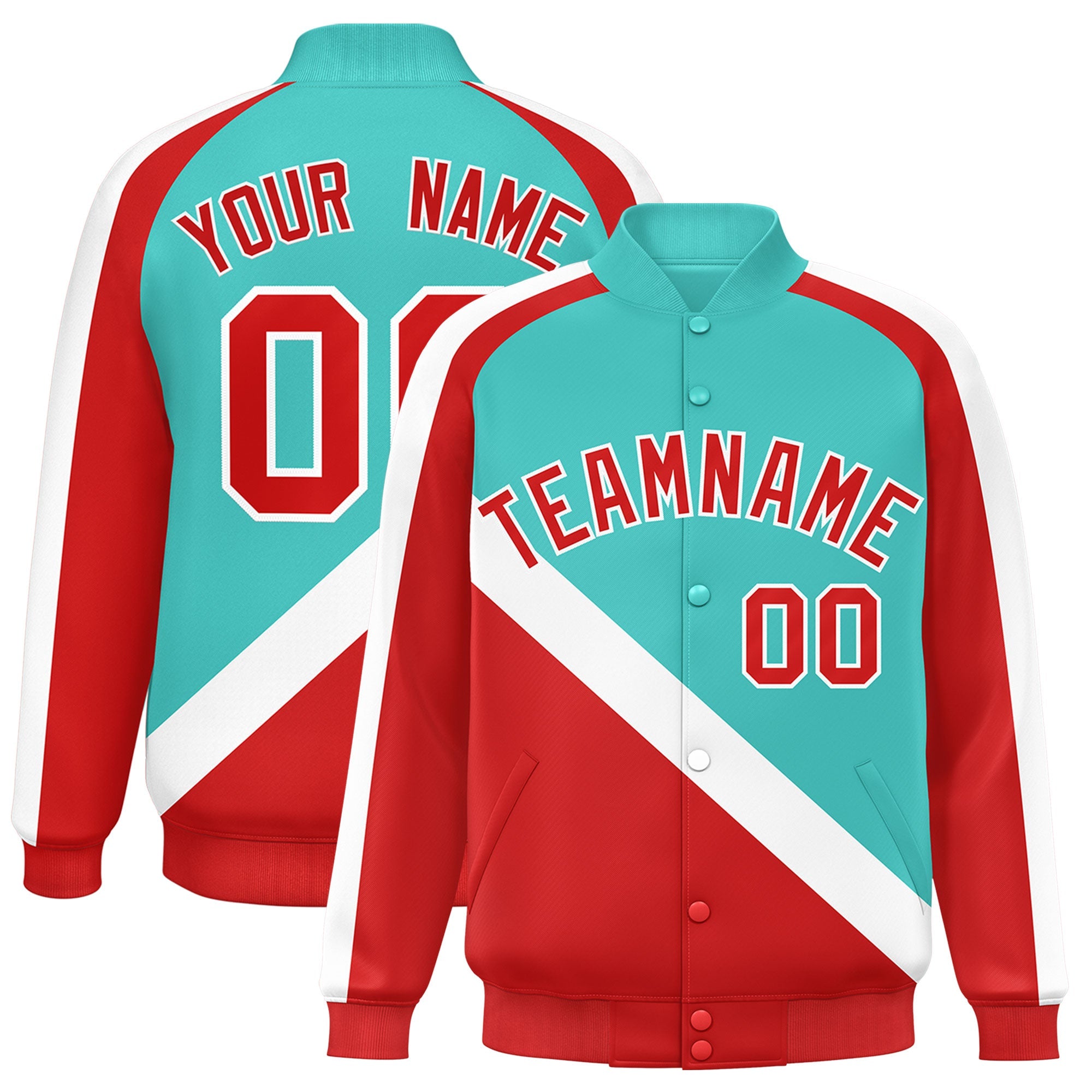 Custom Bright Green Red Raglan Sleeves Varsity Full-Snap Letterman Baseball Jacket