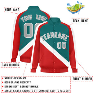 Custom Aqua Red Raglan Sleeves Varsity Full-Snap Letterman Baseball Jacket