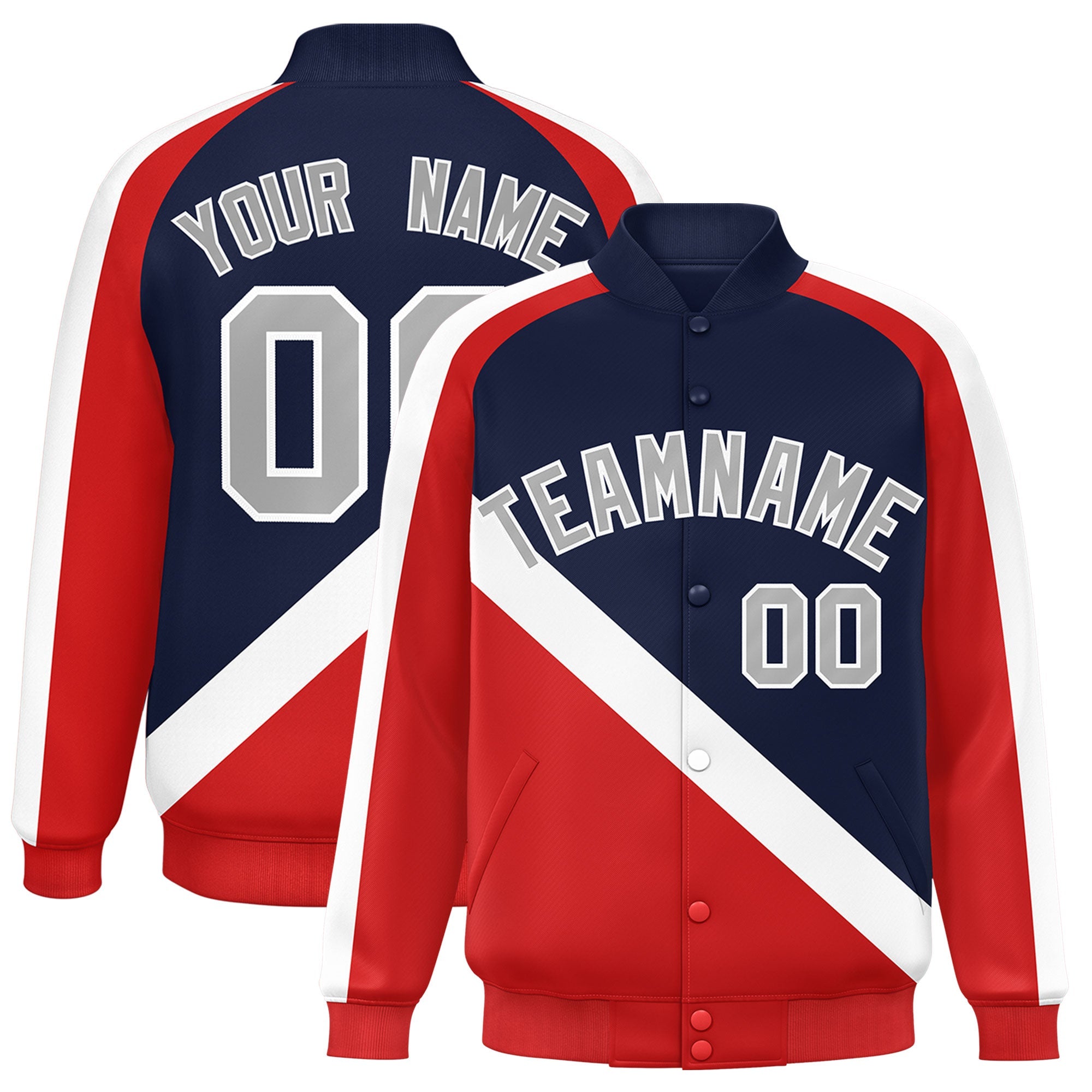 Custom Navy Red Raglan Sleeves Varsity Full-Snap Letterman Baseball Jacket