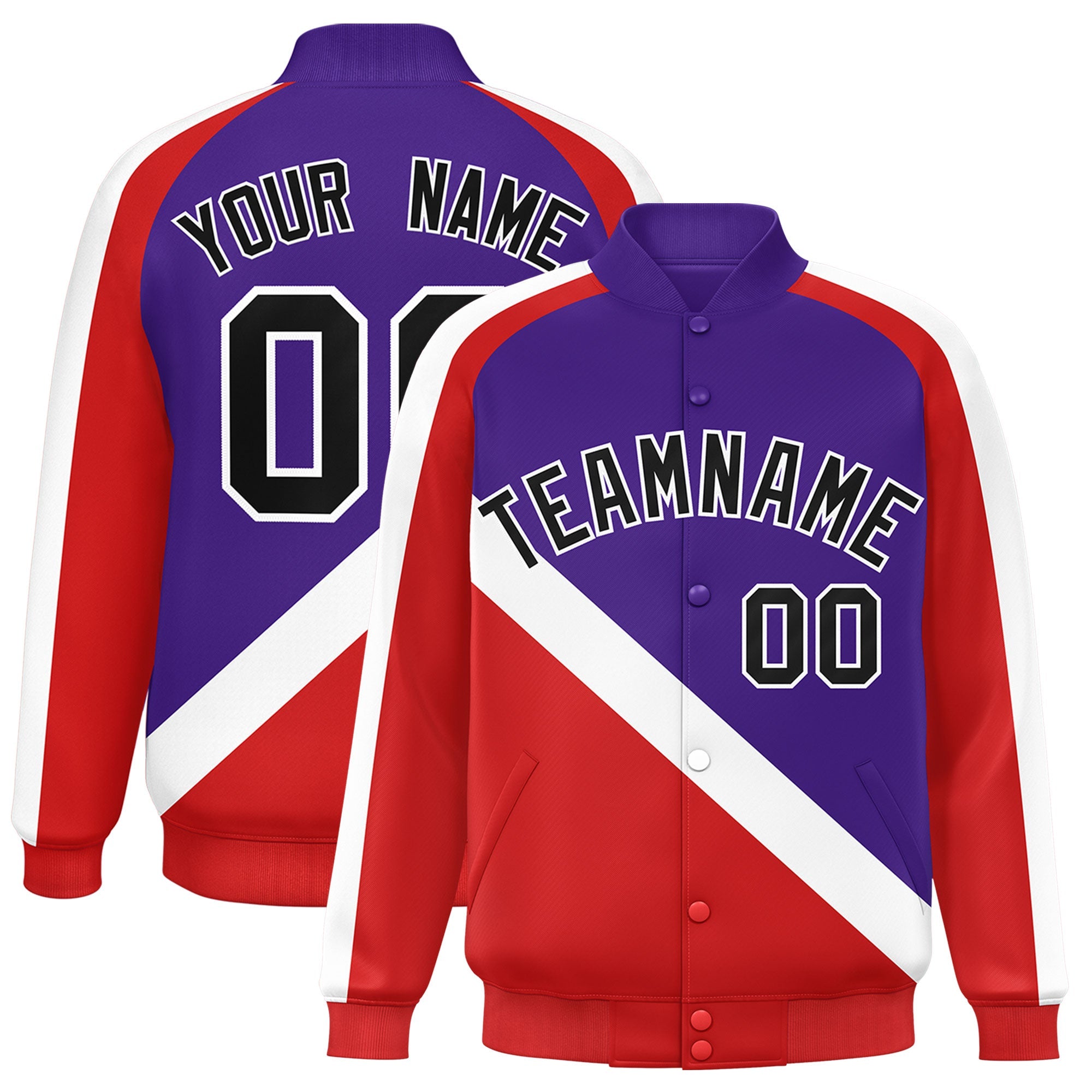 Custom Purple Red Raglan Sleeves Varsity Full-Snap Letterman Baseball Jacket