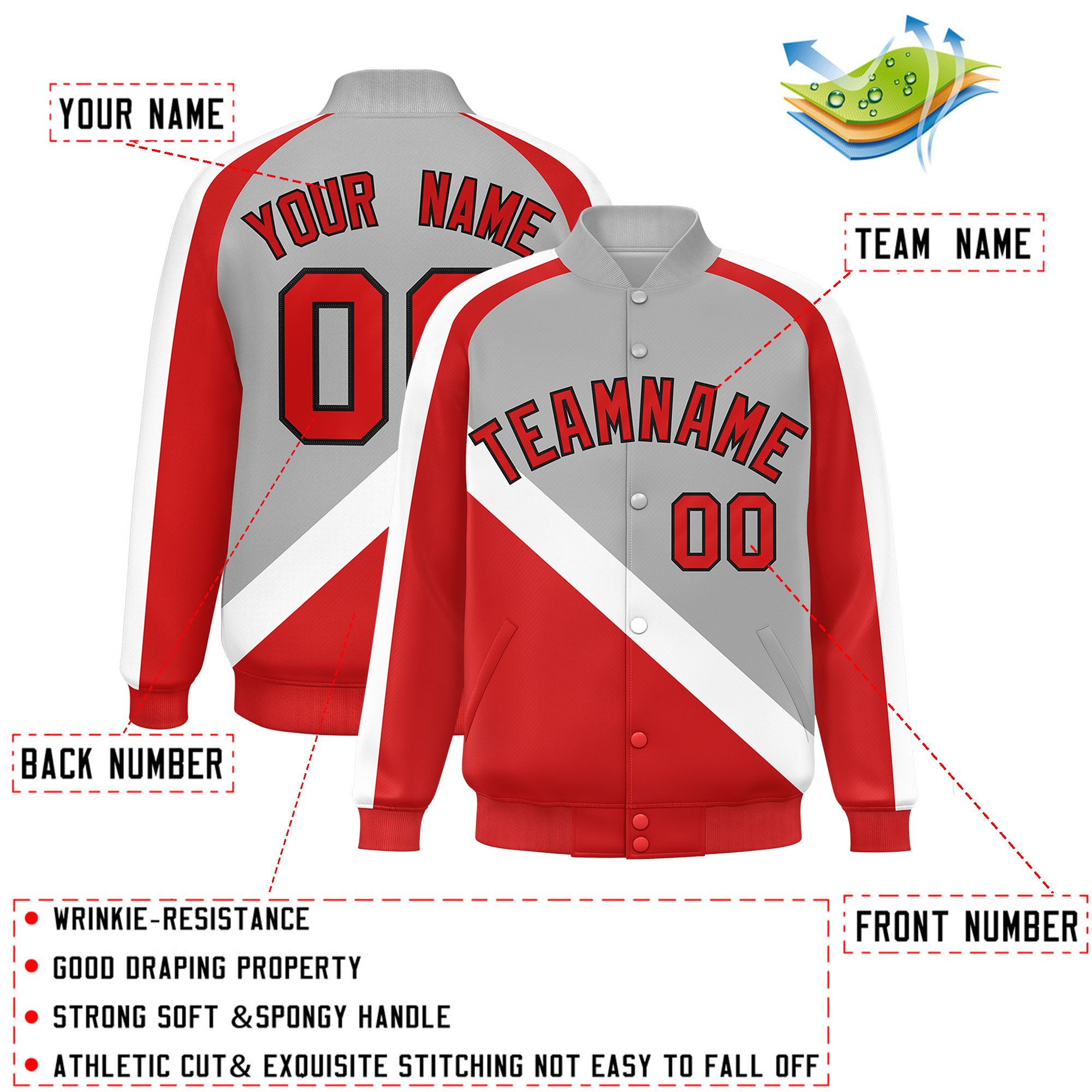 Custom Gray Red Raglan Sleeves Varsity Full-Snap Letterman Baseball Jacket