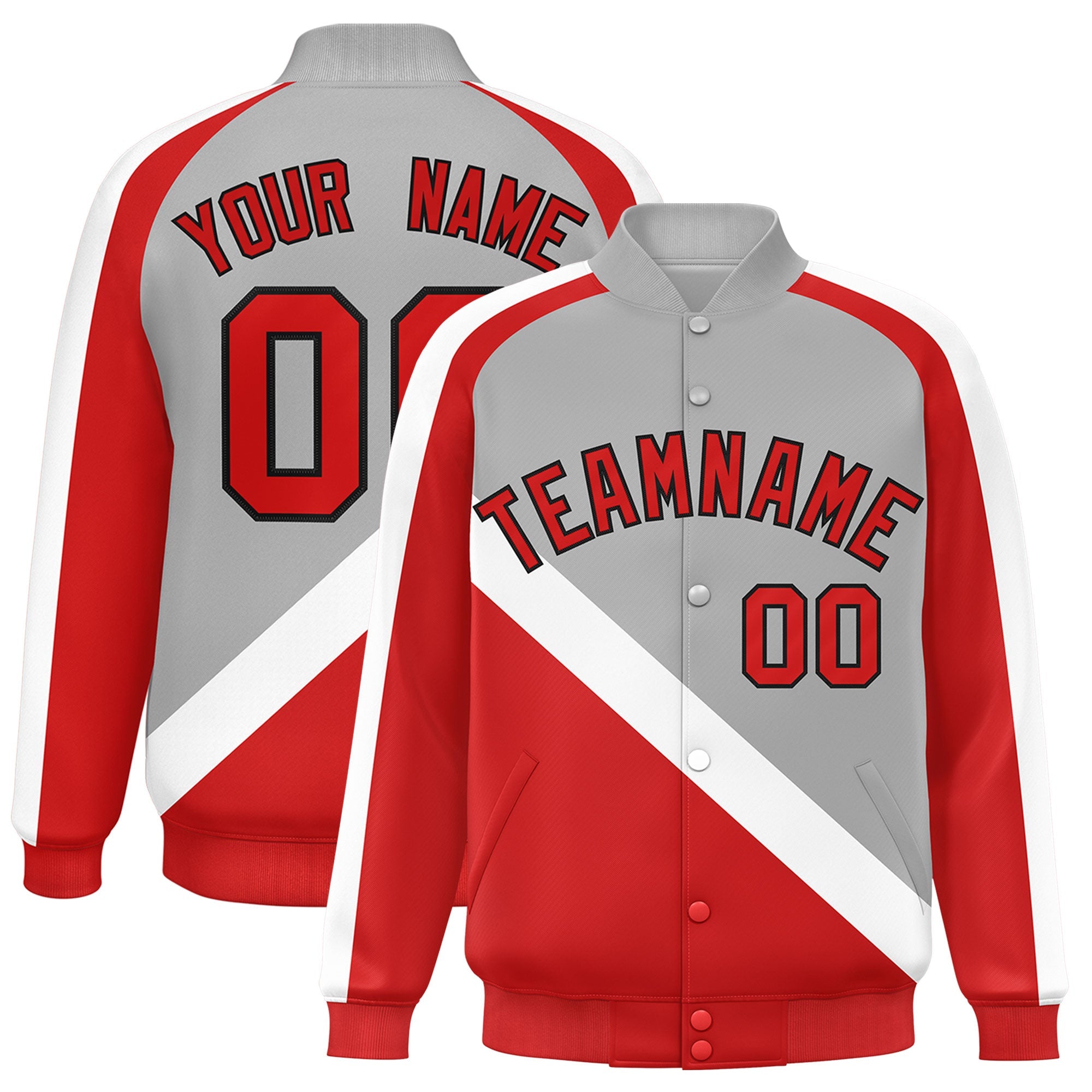 Custom Gray Red Raglan Sleeves Varsity Full-Snap Letterman Baseball Jacket