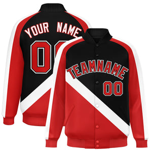 Custom Black Red Raglan Sleeves Varsity Full-Snap Letterman Baseball Jacket