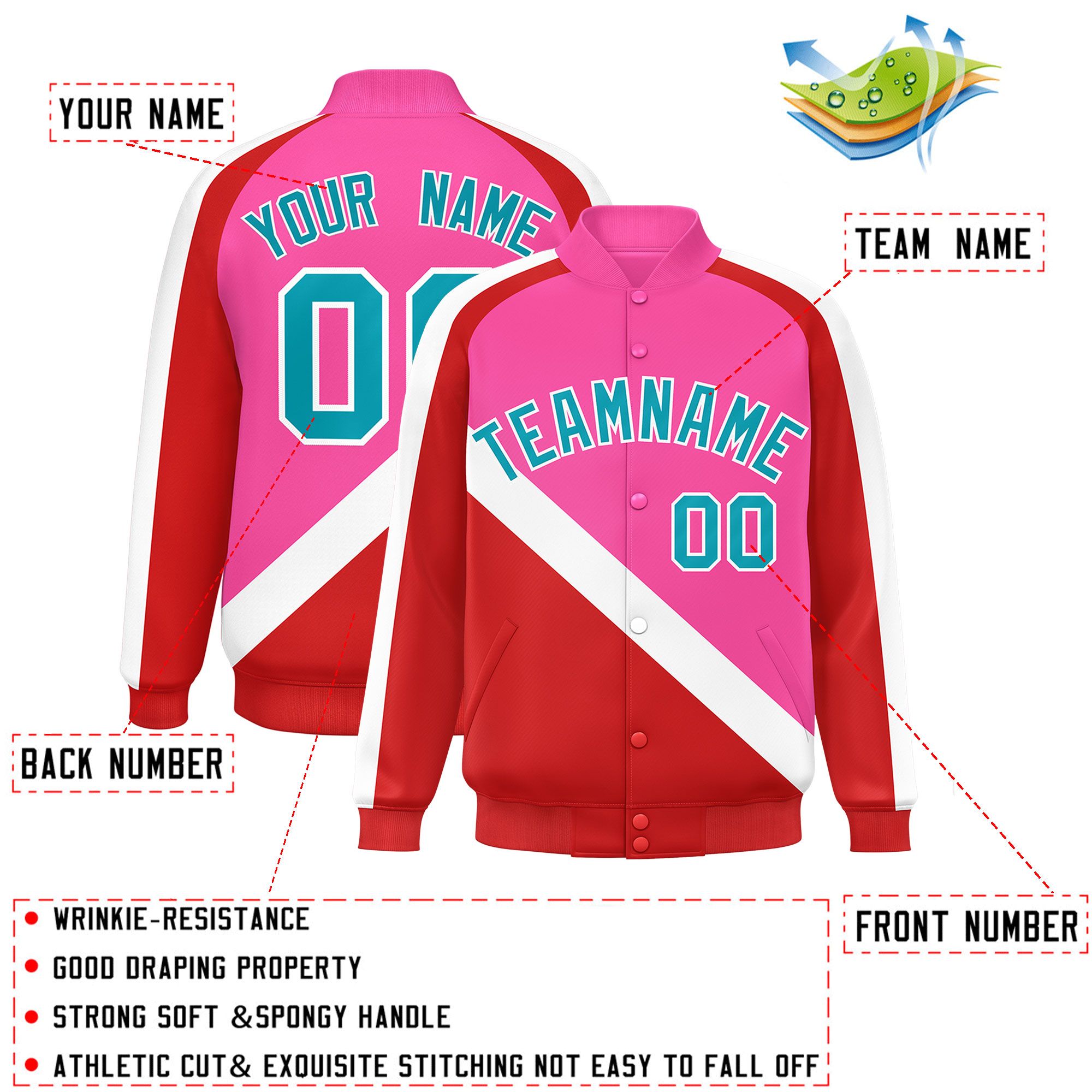 Custom Pink Red Raglan Sleeves Varsity Full-Snap Letterman Baseball Jacket