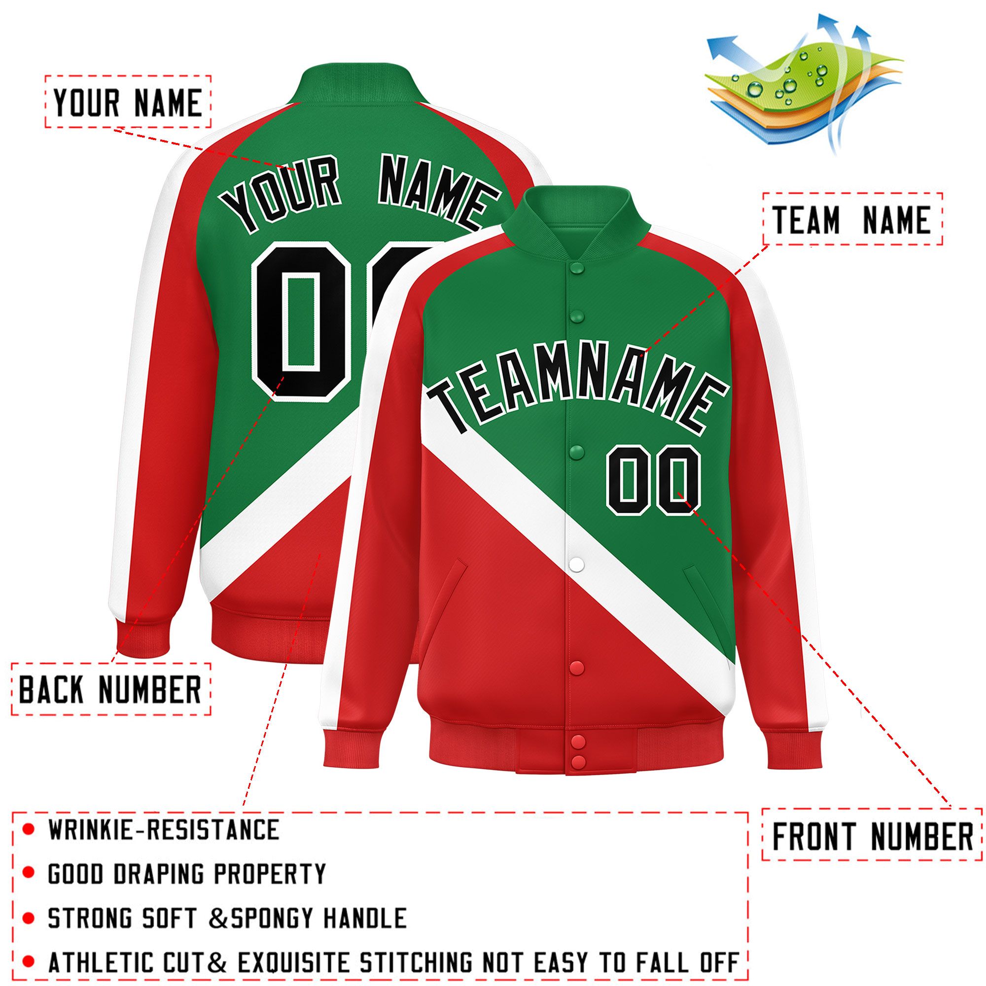 Custom Kelly Green Red Raglan Sleeves Varsity Full-Snap Letterman Baseball Jacket