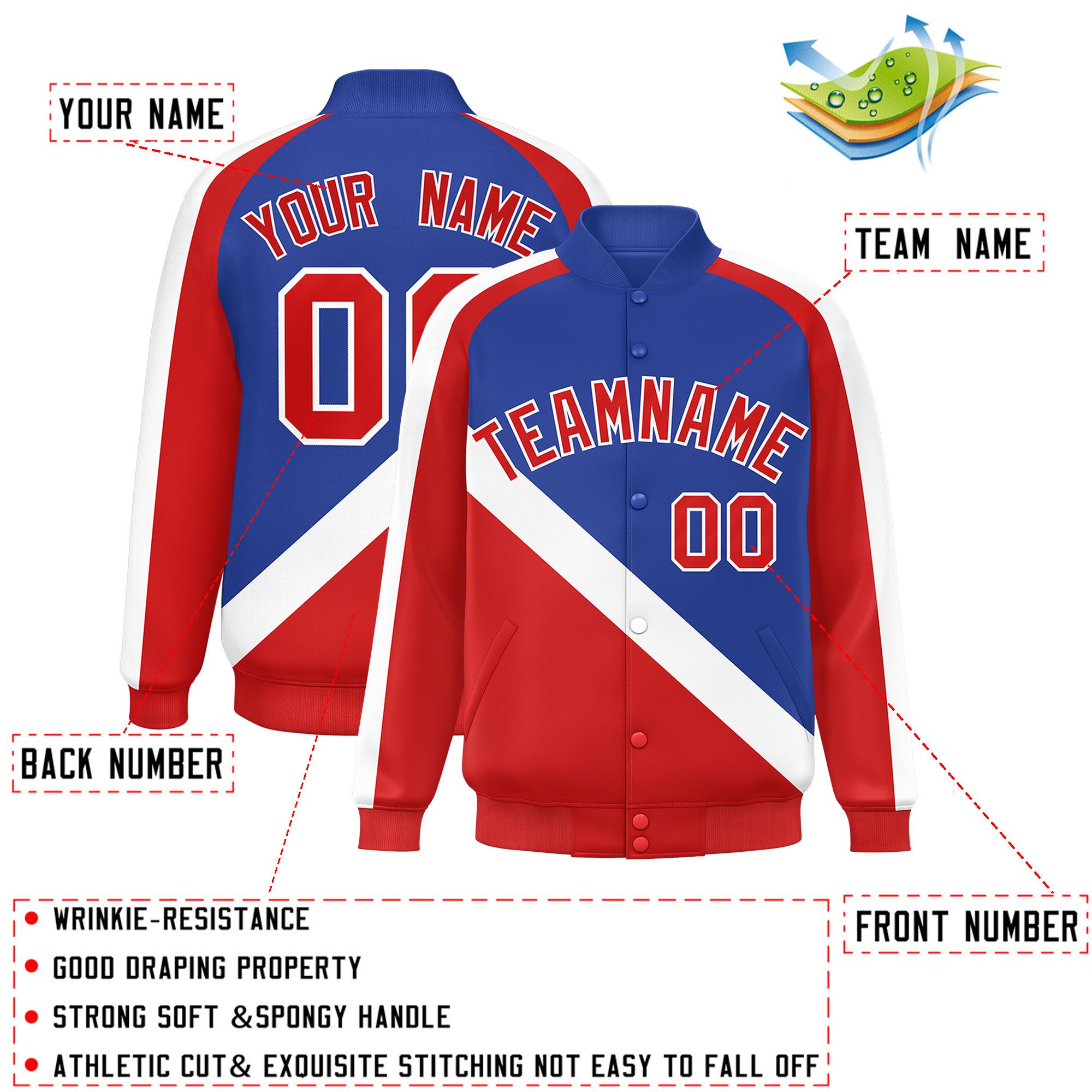 Custom Royal Red Raglan Sleeves Varsity Full-Snap Letterman Baseball Jacket