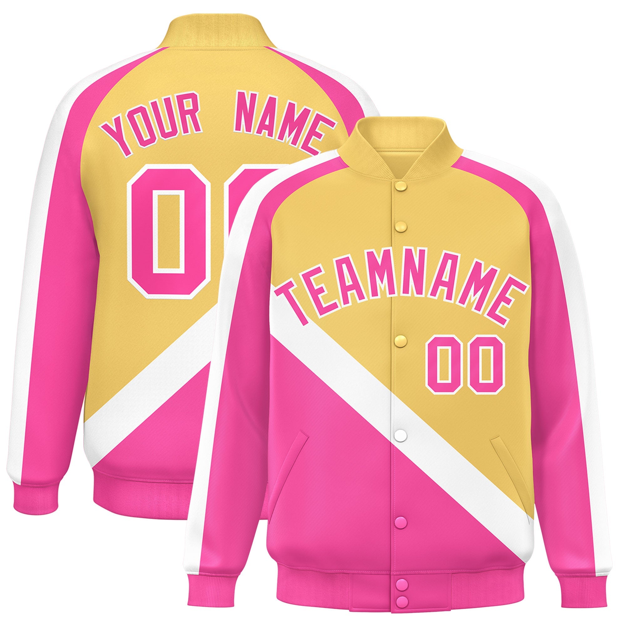 Custom Khaki Pink Raglan Sleeves Varsity Full-Snap Letterman Baseball Jacket