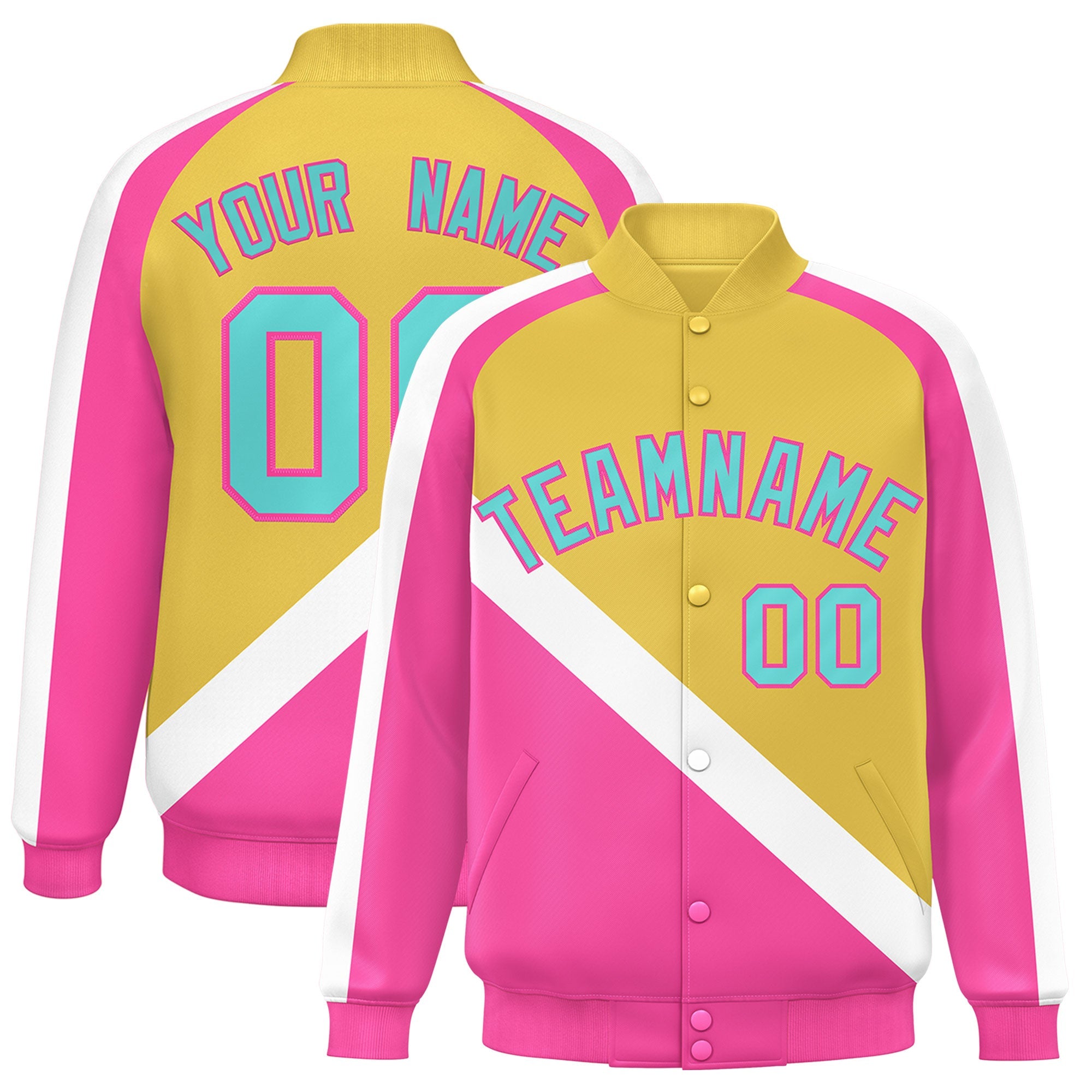 Custom Khaki Pink Raglan Sleeves Varsity Full-Snap Letterman Baseball Jacket