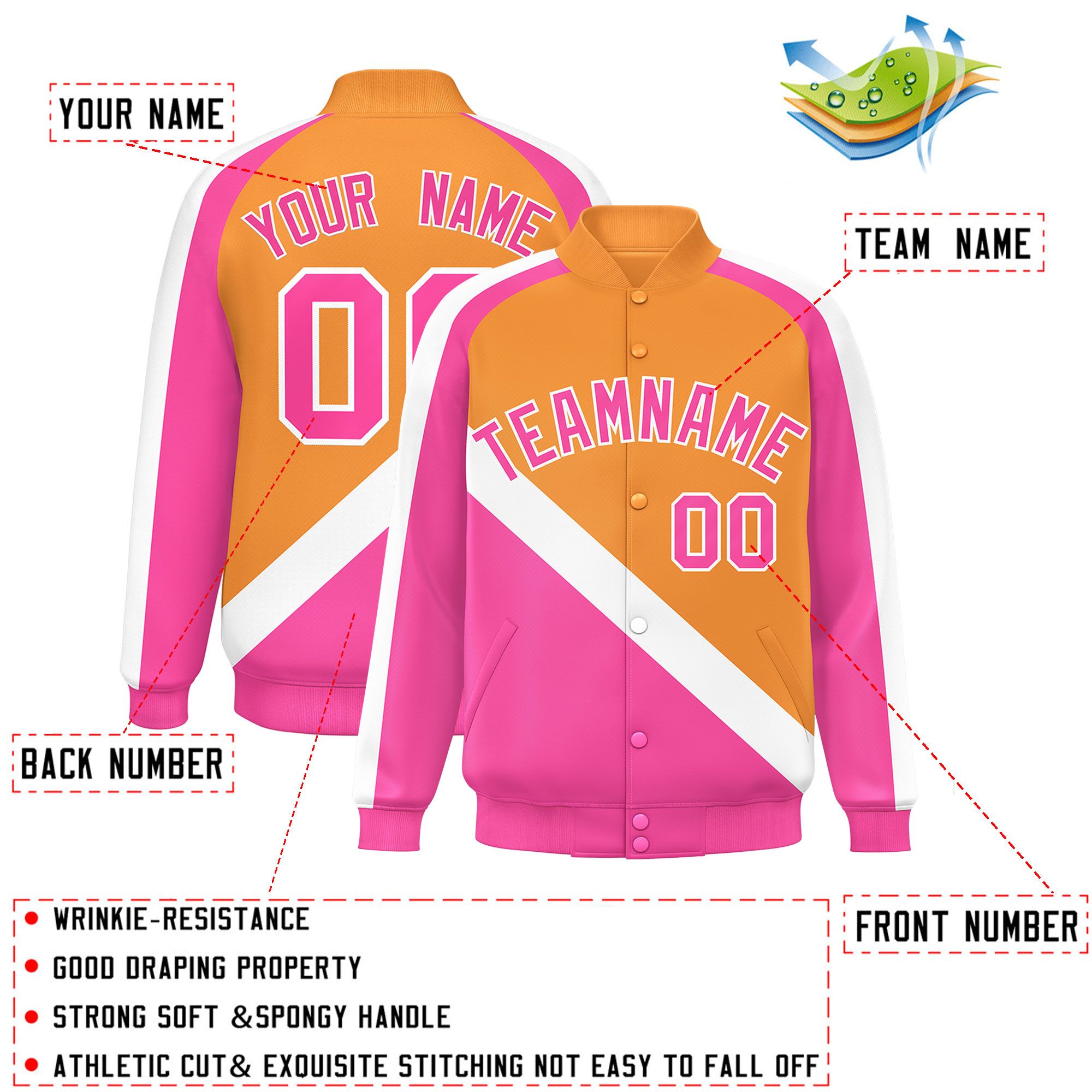 Custom Orange Pink Raglan Sleeves Varsity Full-Snap Letterman Baseball Jacket