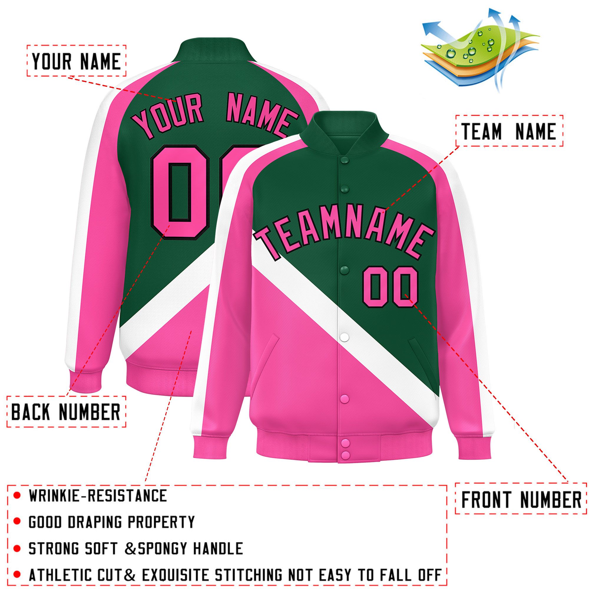 Custom Green Pink Raglan Sleeves Varsity Full-Snap Letterman Baseball Jacket