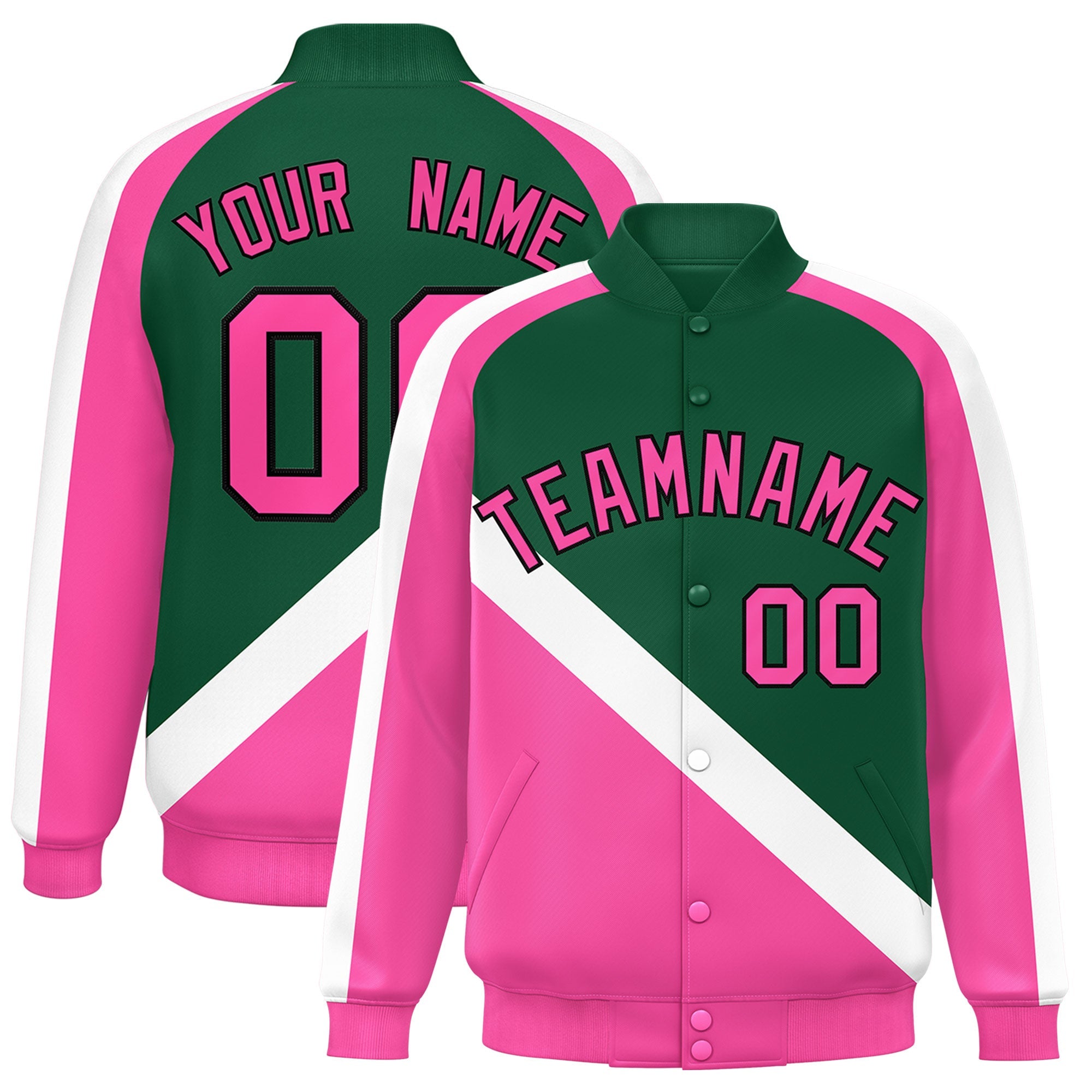 Custom Green Pink Raglan Sleeves Varsity Full-Snap Letterman Baseball Jacket