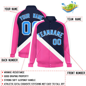 Custom Navy Pink Raglan Sleeves Varsity Full-Snap Letterman Baseball Jacket