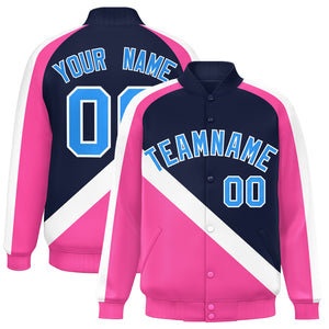 Custom Navy Pink Raglan Sleeves Varsity Full-Snap Letterman Baseball Jacket