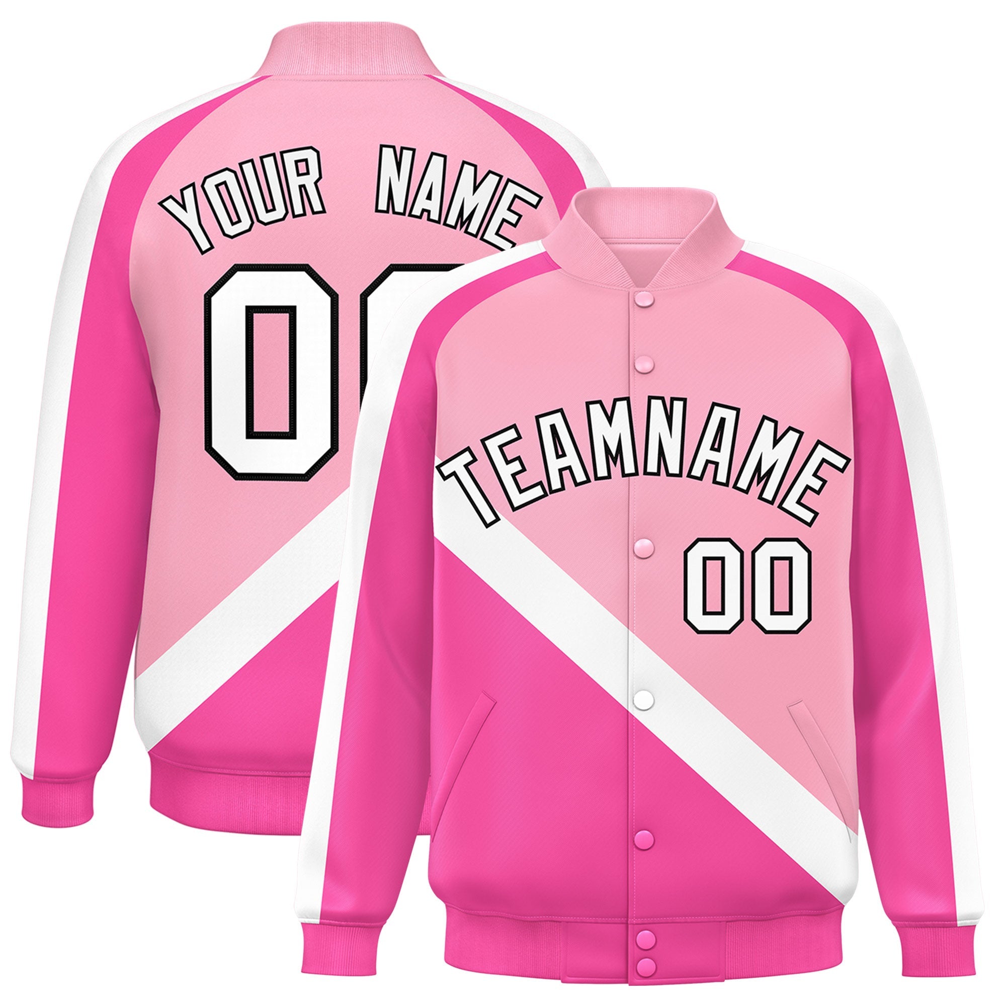 Custom Light Pink Pink Raglan Sleeves Varsity Full-Snap Letterman Baseball Jacket