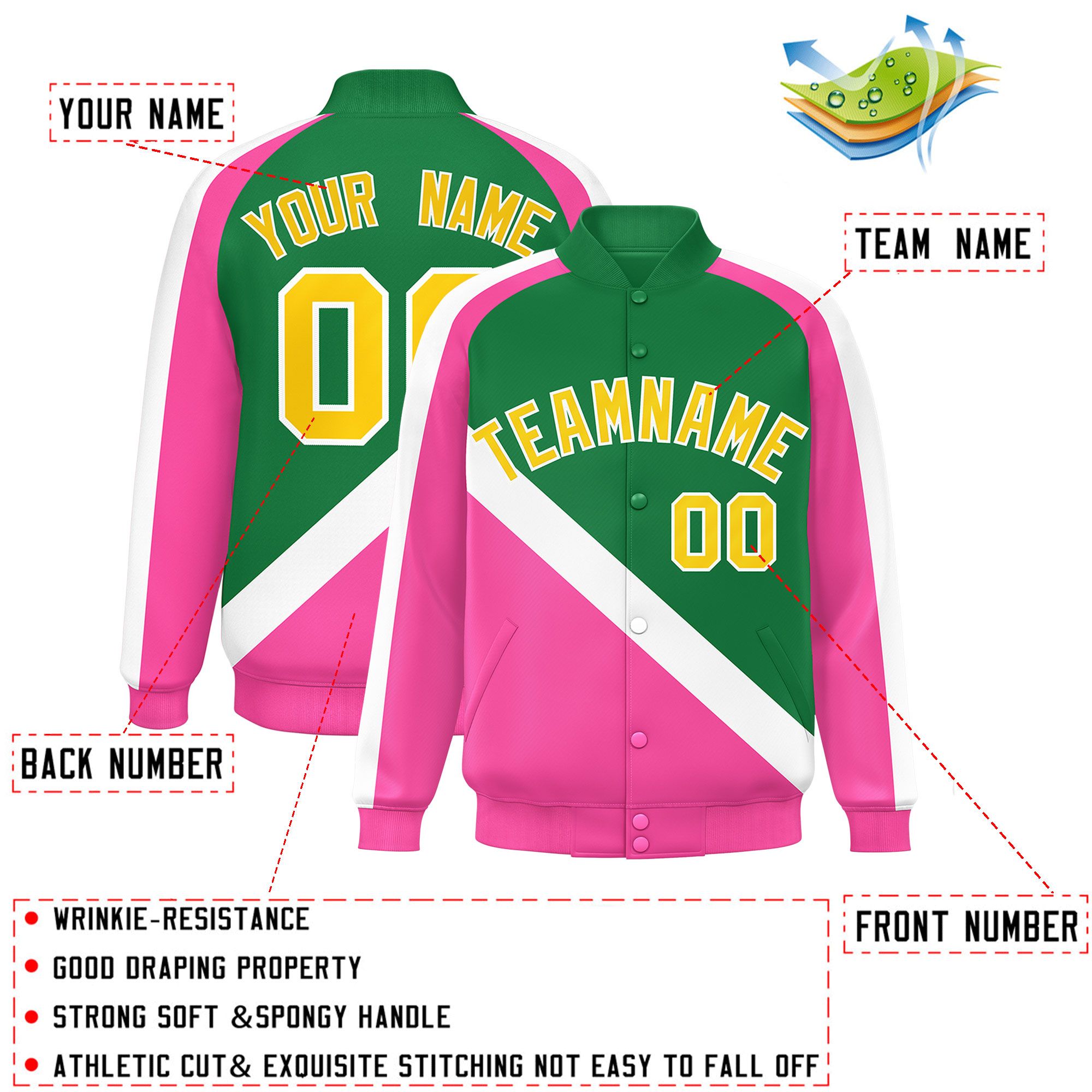 Custom Kelly Green Pink Raglan Sleeves Varsity Full-Snap Letterman Baseball Jacket