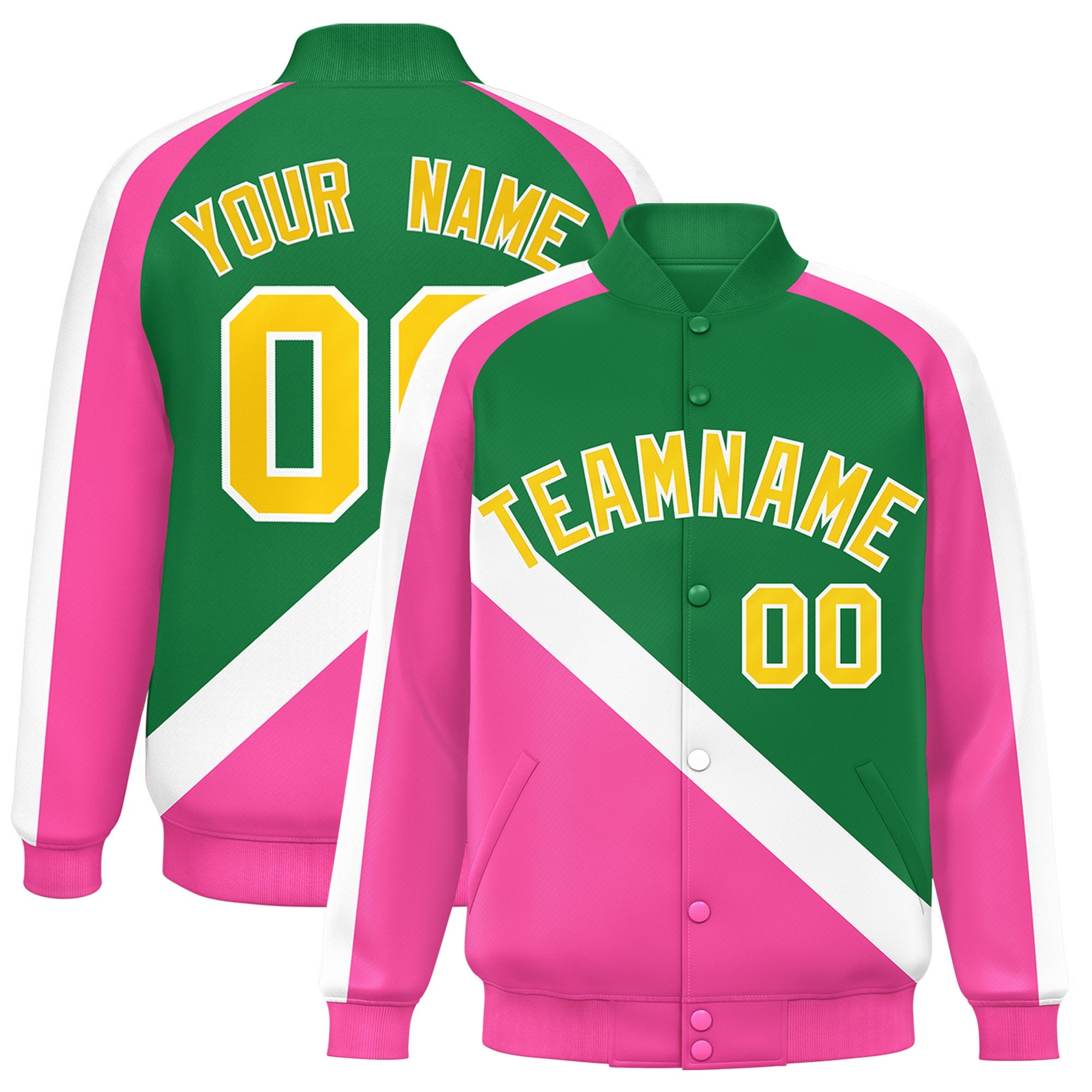 Custom Kelly Green Pink Raglan Sleeves Varsity Full-Snap Letterman Baseball Jacket