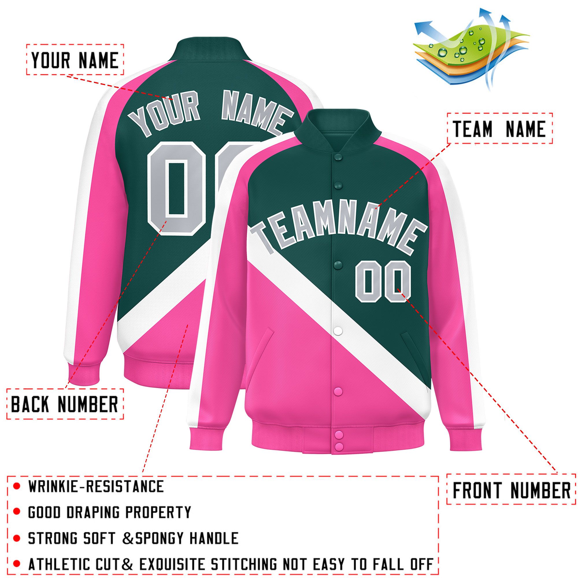 Custom Midnight Green Pink Raglan Sleeves Varsity Full-Snap Letterman Baseball Jacket