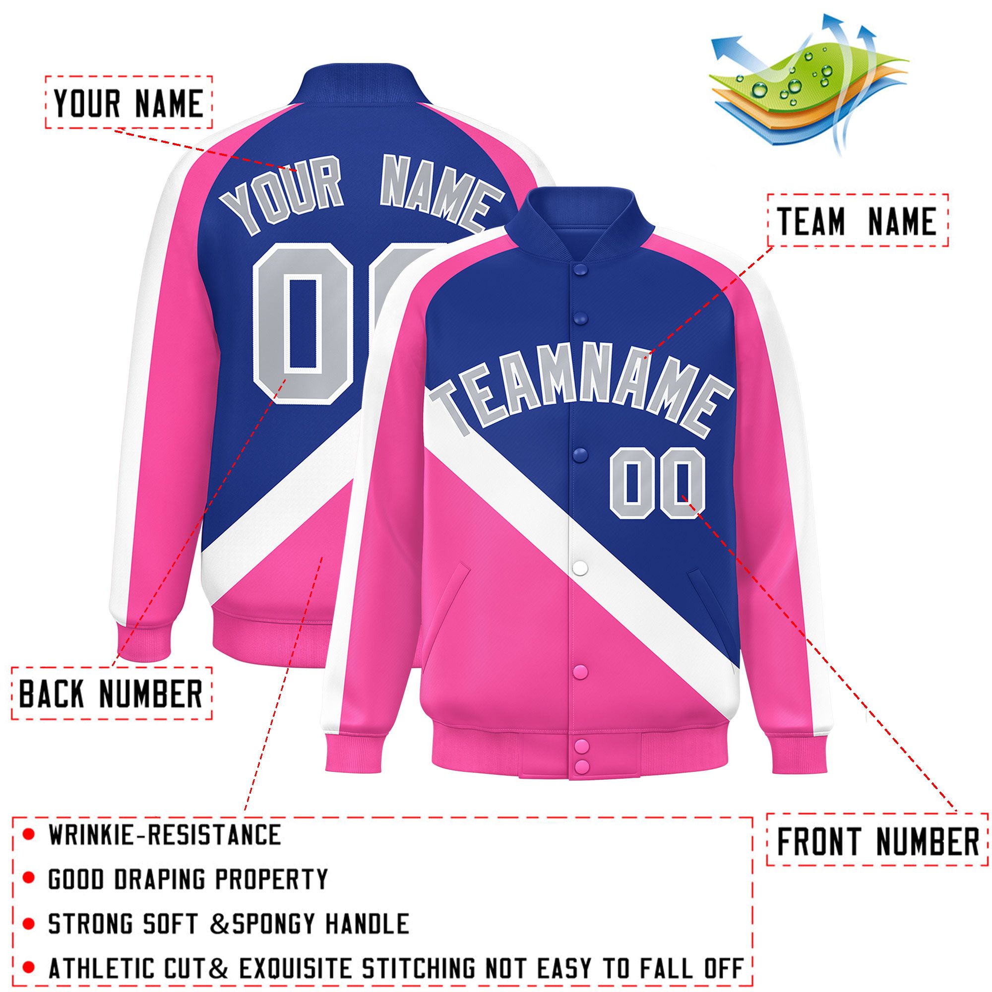 Custom Royal Pink Raglan Sleeves Varsity Full-Snap Letterman Baseball Jacket