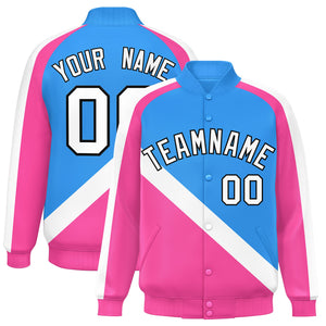 Custom Powder Blue Pink Raglan Sleeves Varsity Full-Snap Letterman Baseball Jacket