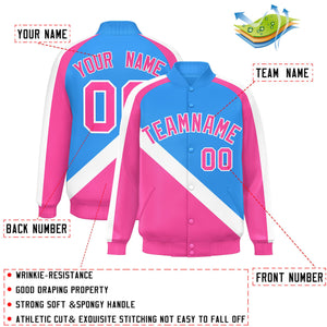 Custom Powder Blue Pink Raglan Sleeves Varsity Full-Snap Letterman Baseball Jacket