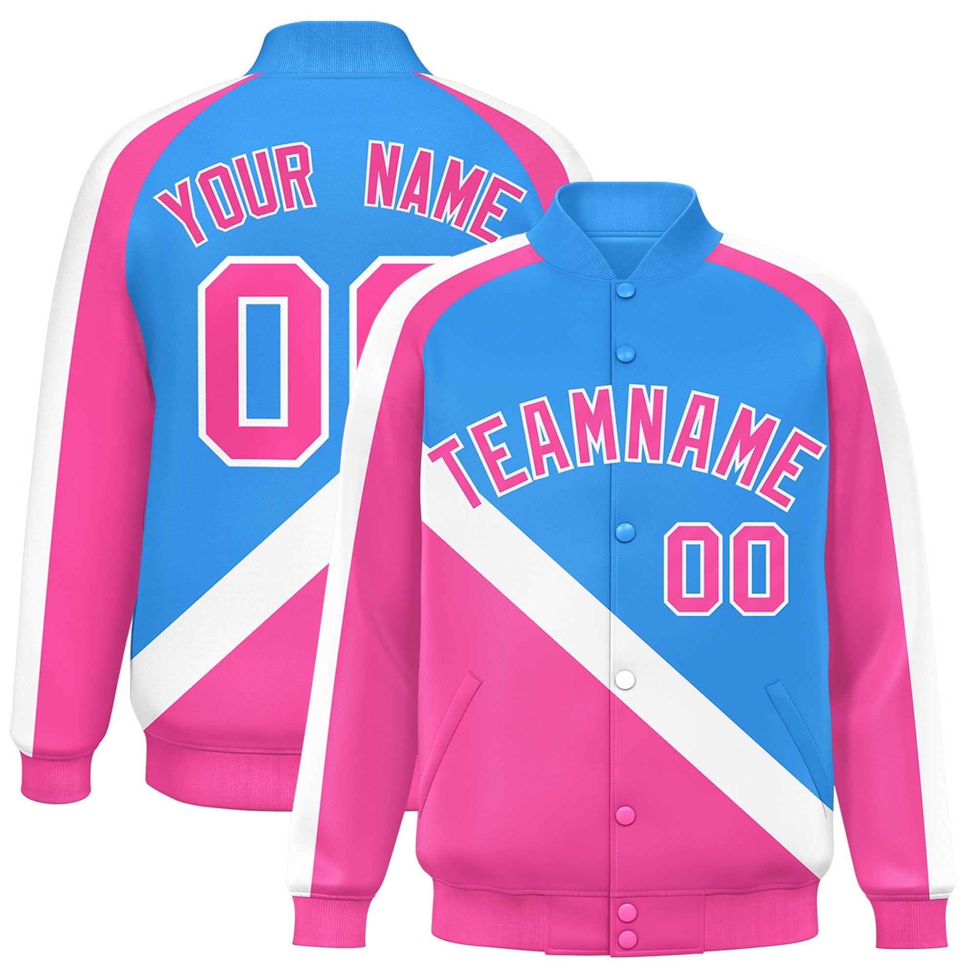 Custom Powder Blue Pink Raglan Sleeves Varsity Full-Snap Letterman Baseball Jacket