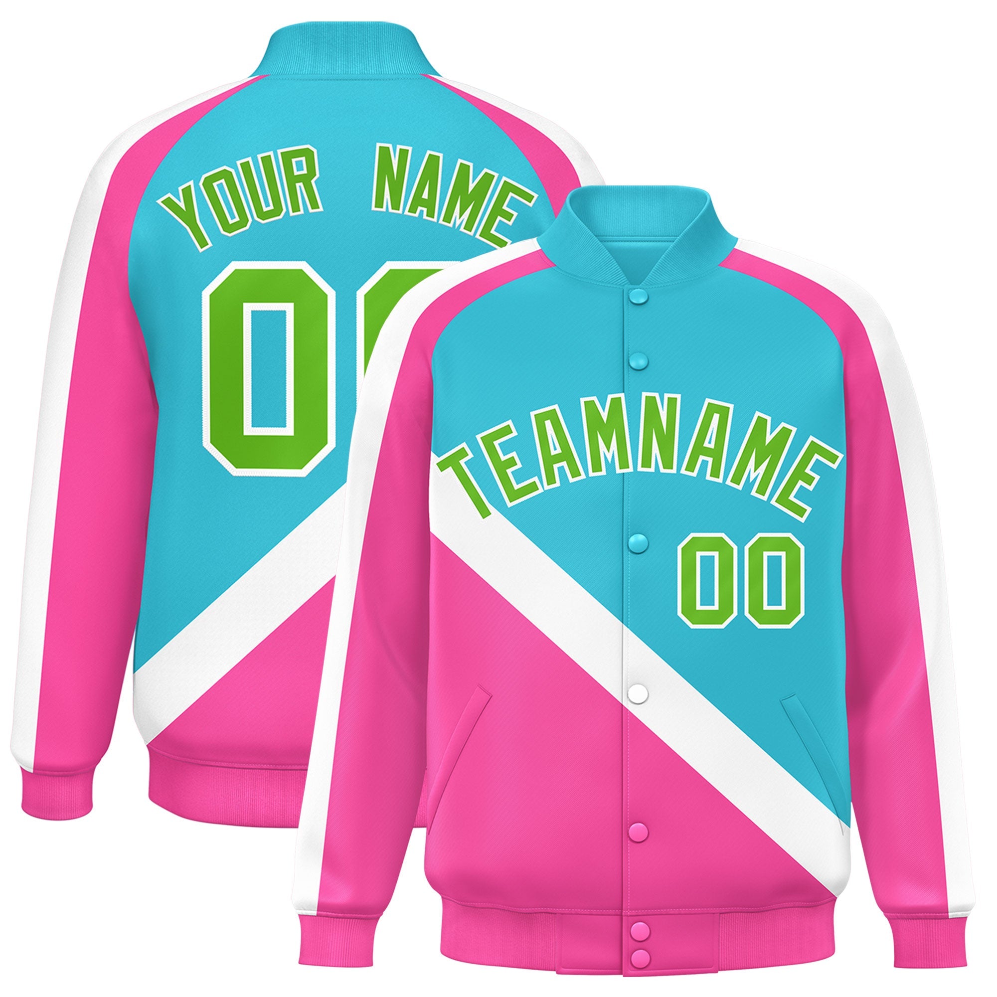 Custom Sky Blue Pink Raglan Sleeves Varsity Full-Snap Letterman Baseball Jacket