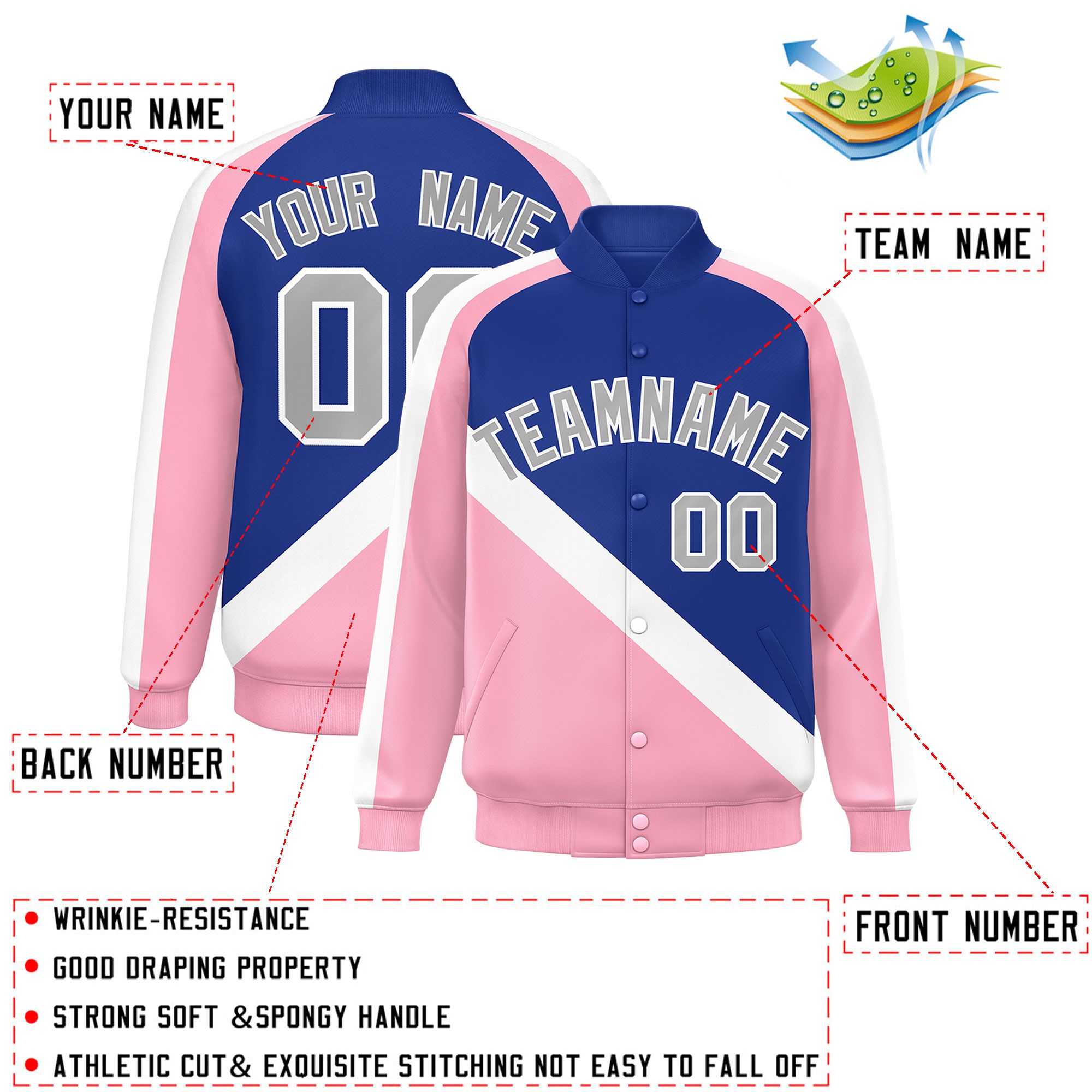 Custom Royal Light Pink Raglan Sleeves Varsity Full-Snap Letterman Baseball Jacket