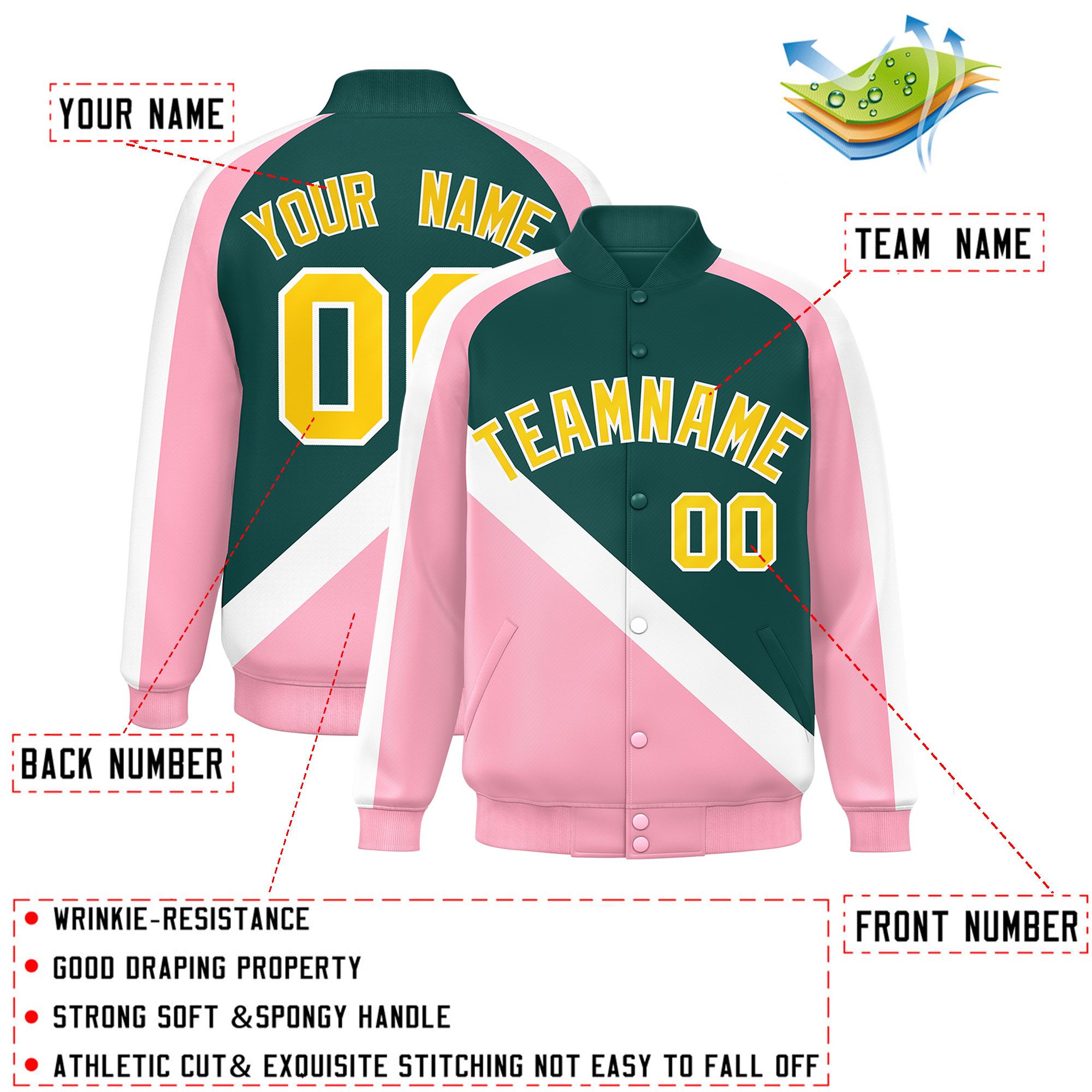 Custom Midnight Green Light Pink Raglan Sleeves Varsity Full-Snap Letterman Baseball Jacket