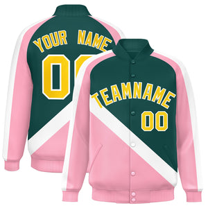 Custom Midnight Green Light Pink Raglan Sleeves Varsity Full-Snap Letterman Baseball Jacket