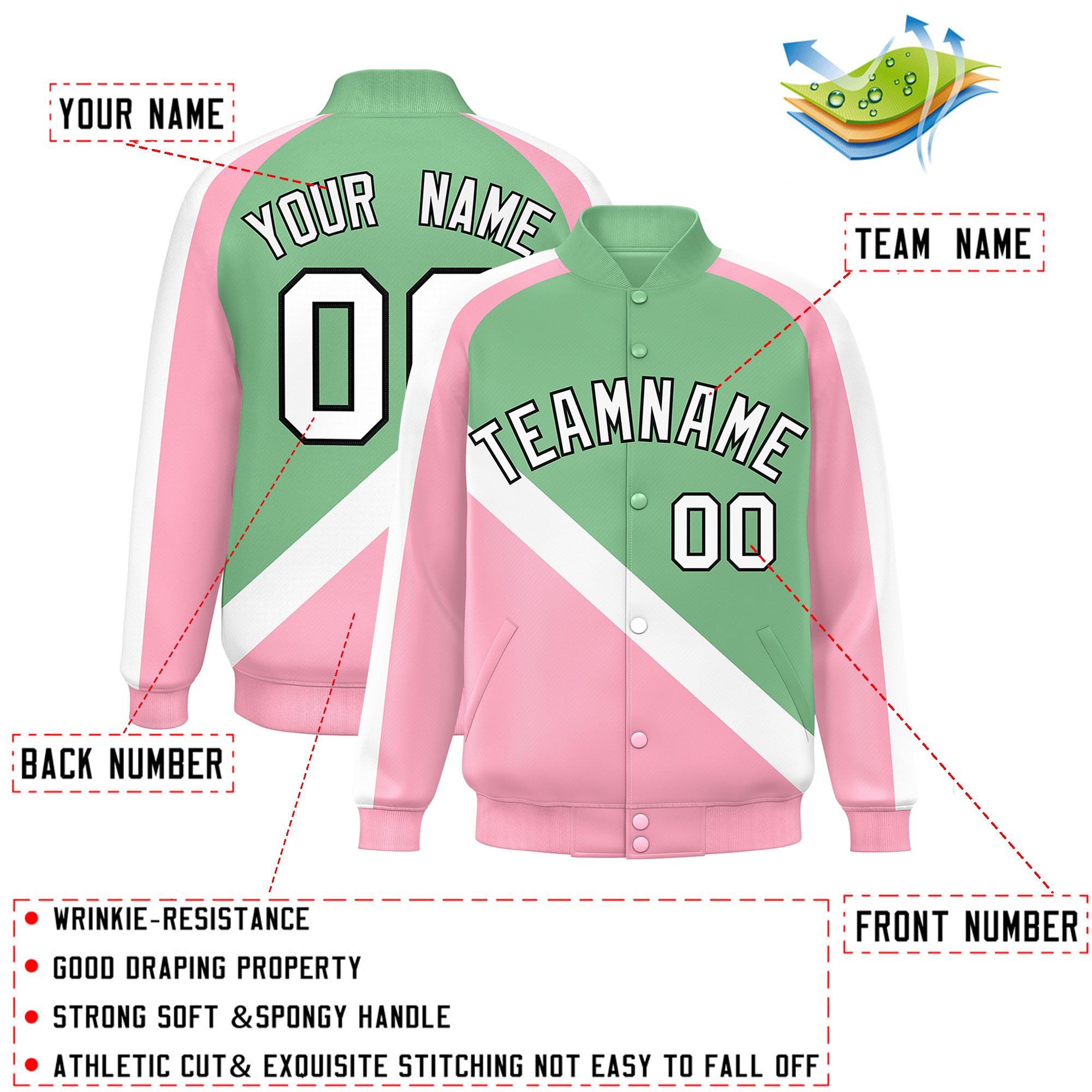 Custom Green Light Pink Raglan Sleeves Varsity Full-Snap Letterman Baseball Jacket