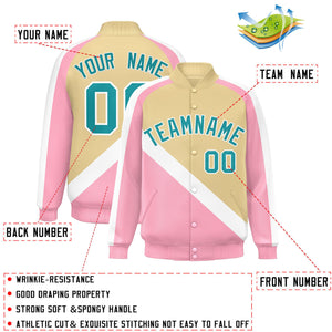 Custom Khaki Light Pink Raglan Sleeves Varsity Full-Snap Letterman Baseball Jacket