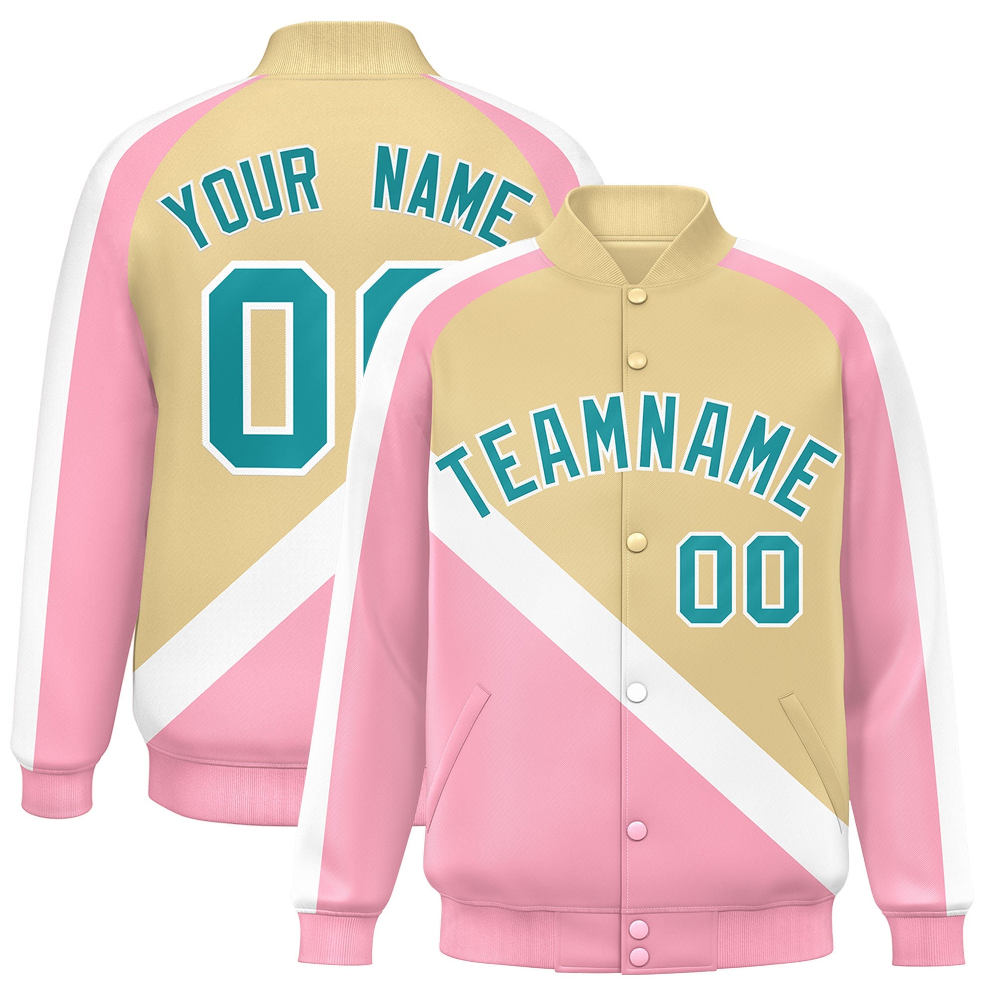 Custom Khaki Light Pink Raglan Sleeves Varsity Full-Snap Letterman Baseball Jacket