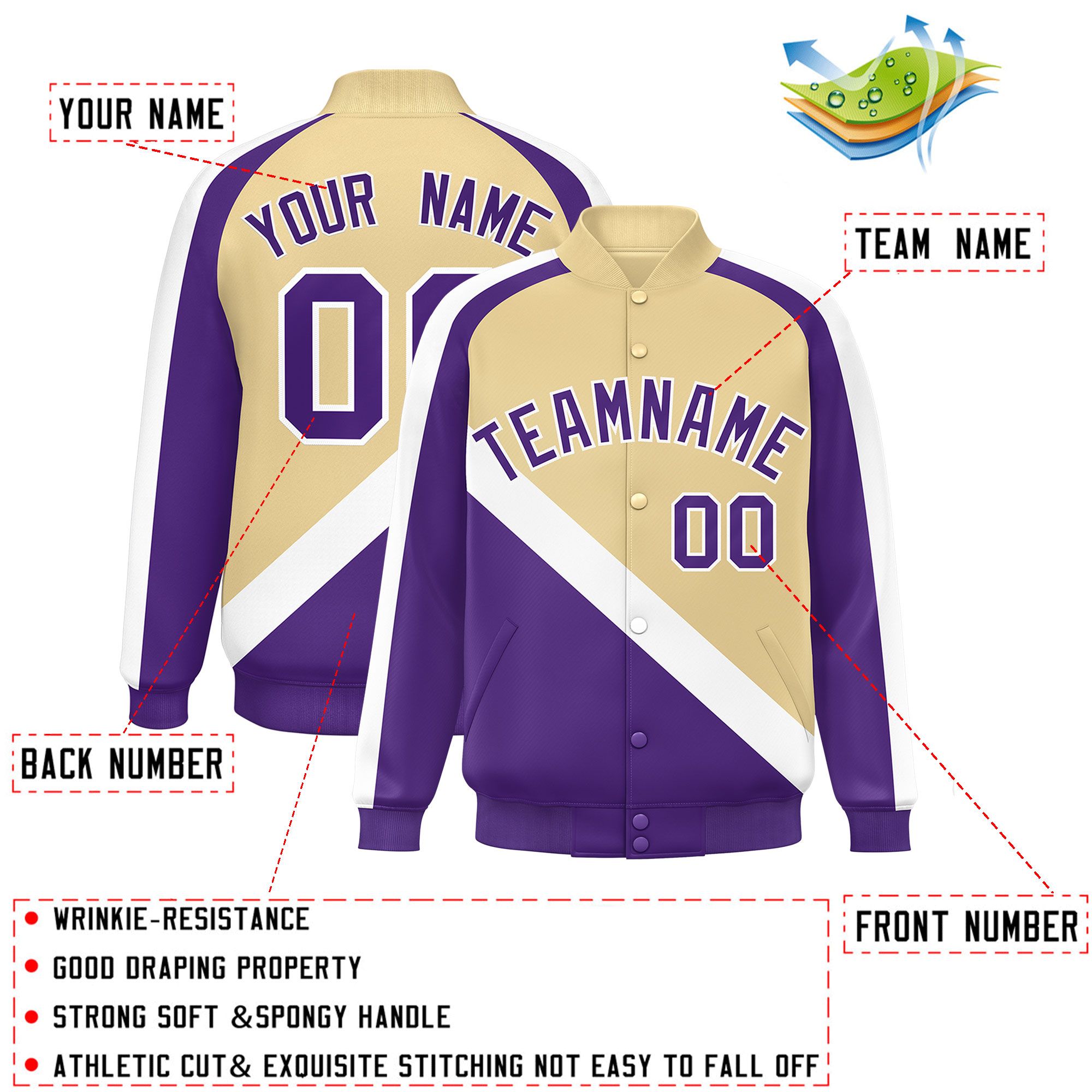 Custom Khaki Purple Raglan Sleeves Varsity Full-Snap Letterman Baseball Jacket