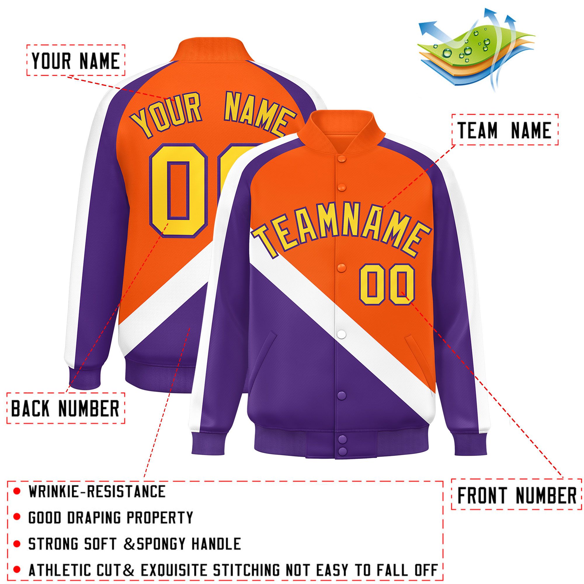 Custom Orange Purple Raglan Sleeves Varsity Full-Snap Letterman Baseball Jacket