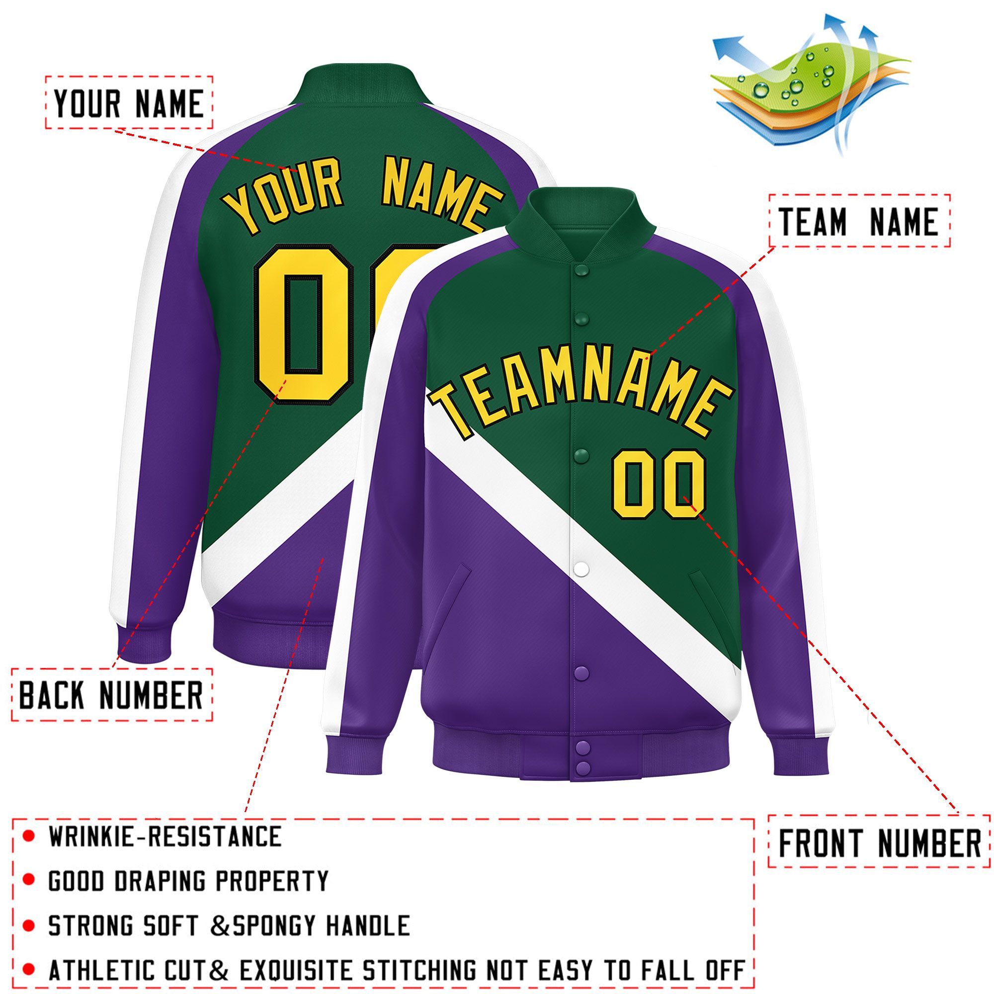 Custom Green Purple Raglan Sleeves Varsity Full-Snap Letterman Baseball Jacket