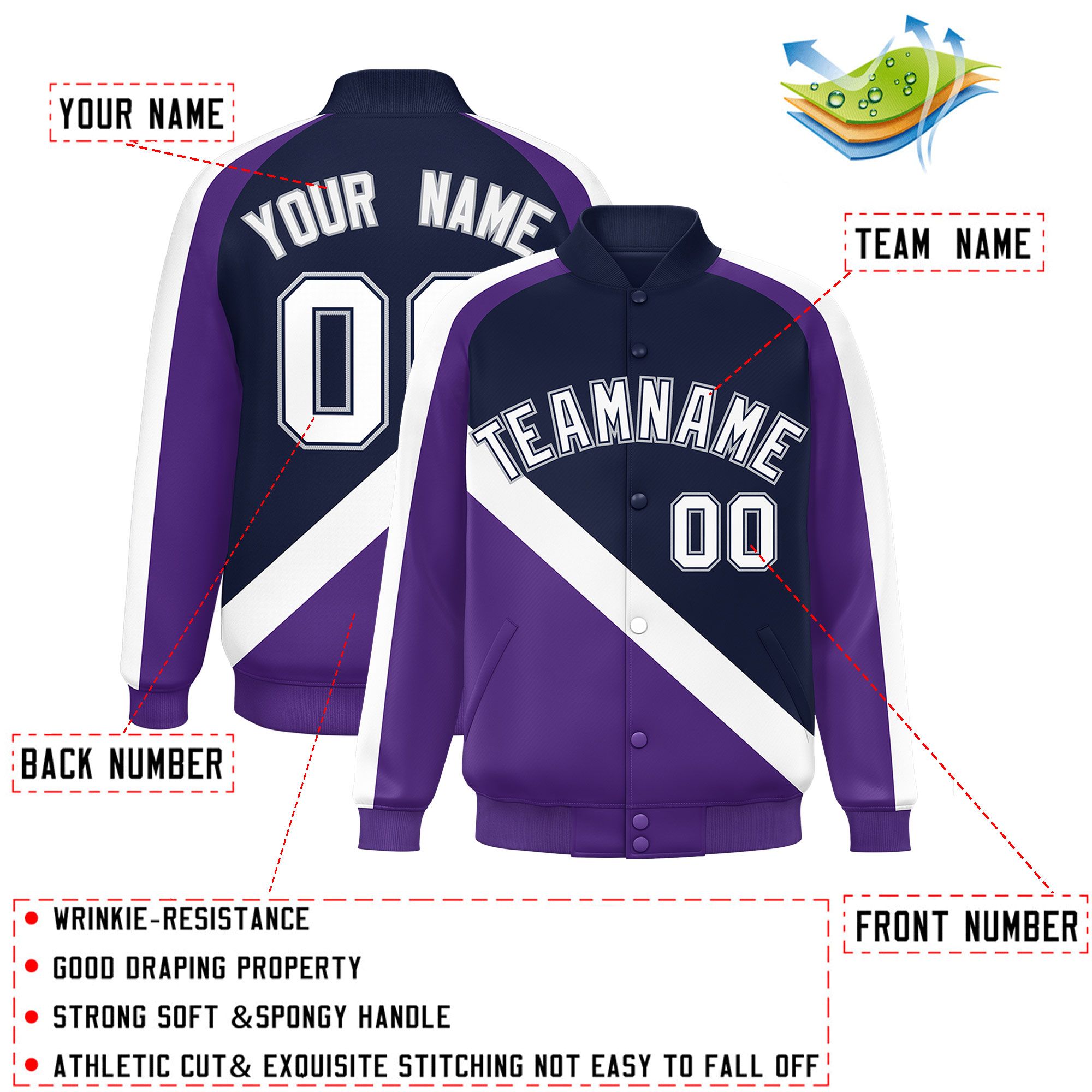 Custom Navy Purple Raglan Sleeves Varsity Full-Snap Letterman Baseball Jacket