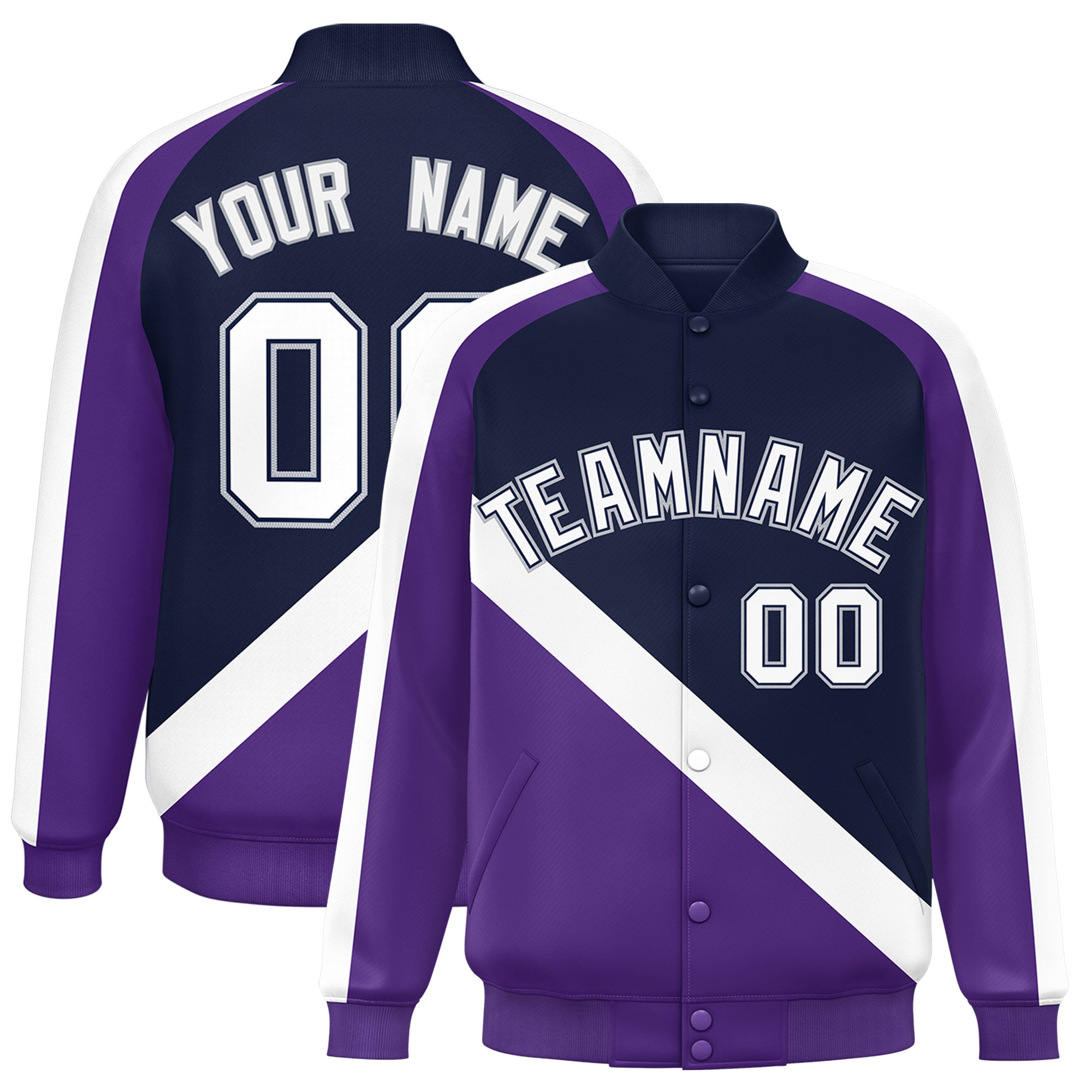 Custom Navy Purple Raglan Sleeves Varsity Full-Snap Letterman Baseball Jacket